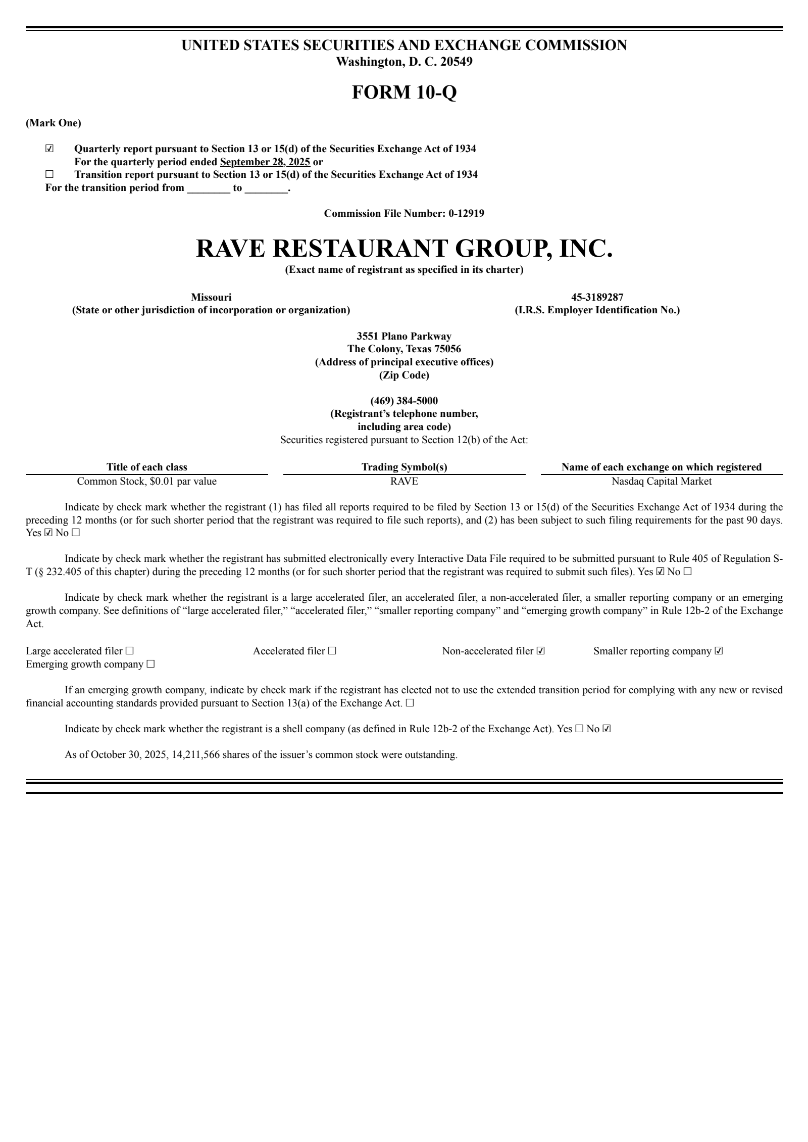 Rave Restaurant Group's Q1 2026 Quarterly report