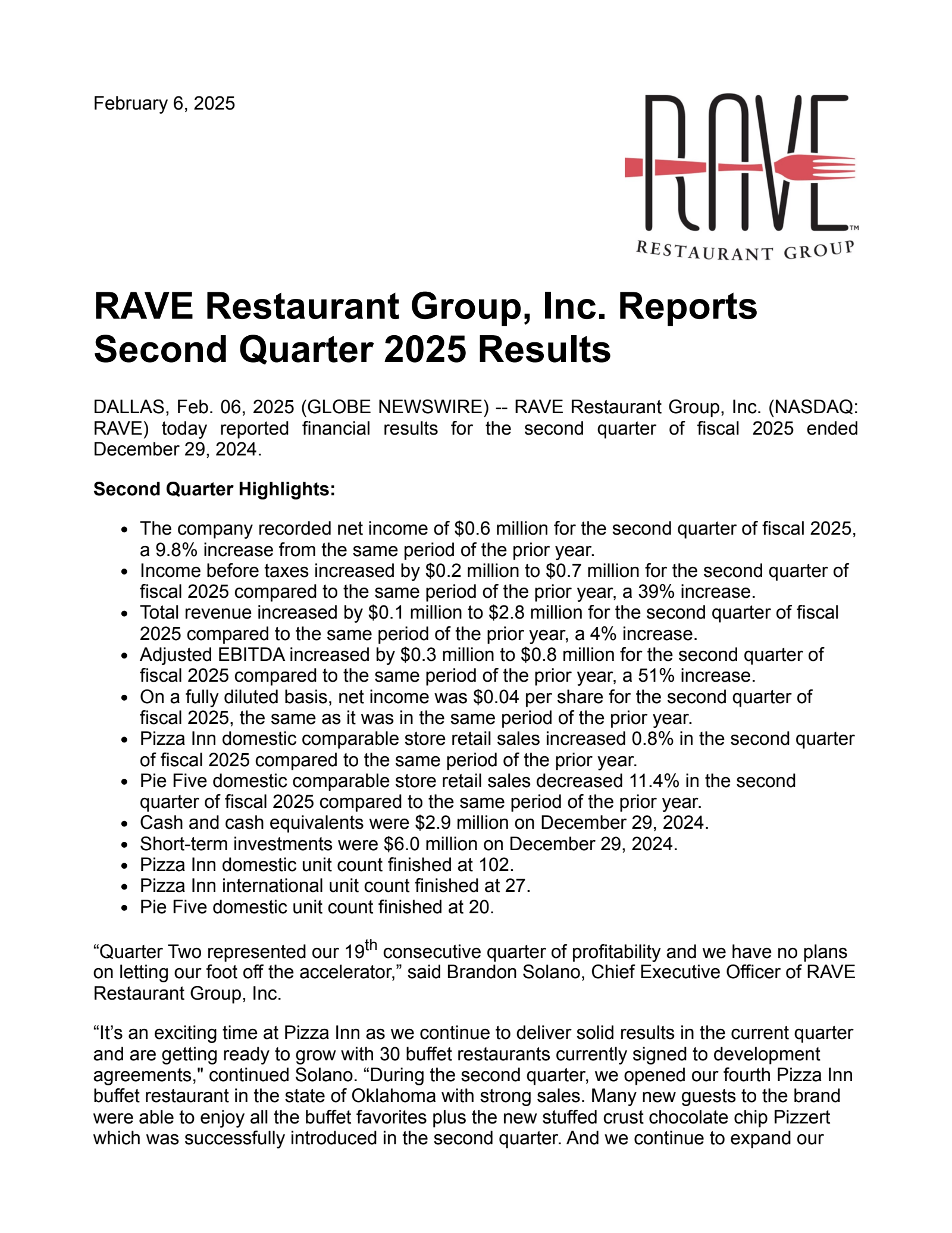 Rave Restaurant Group's Q2 2025 Press Release