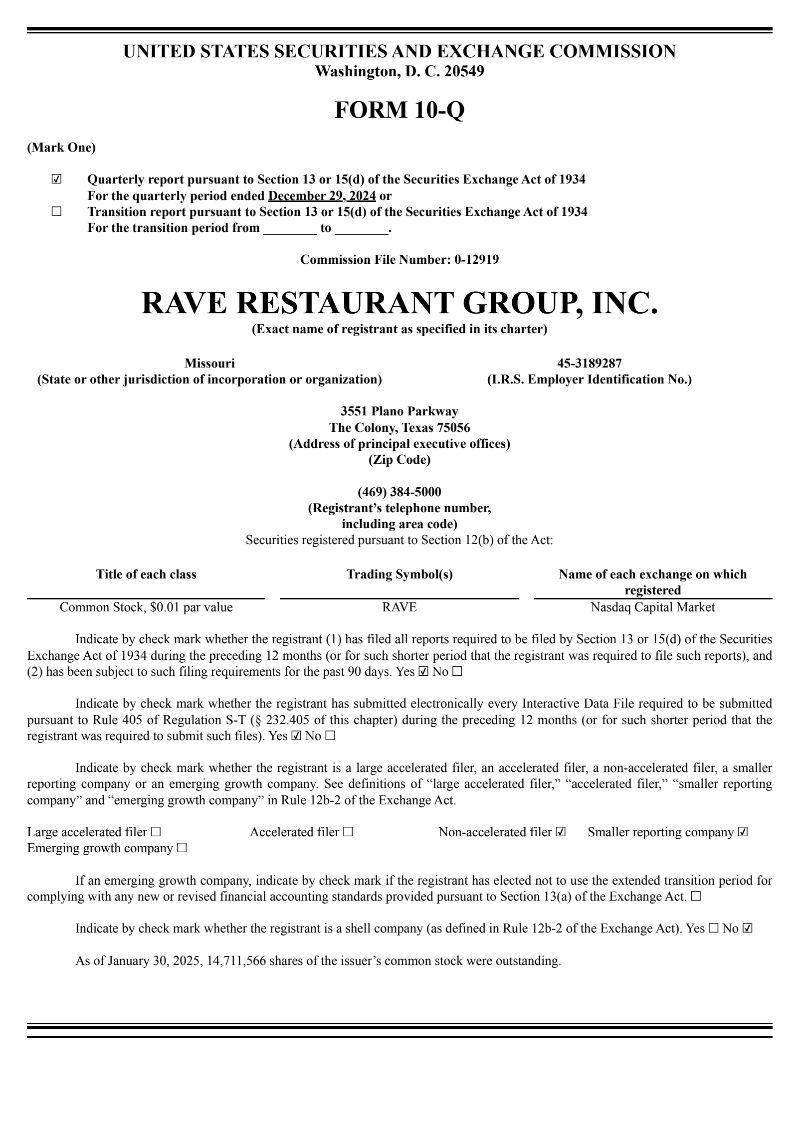 Rave Restaurant Group's Q2 2025 Quarterly report