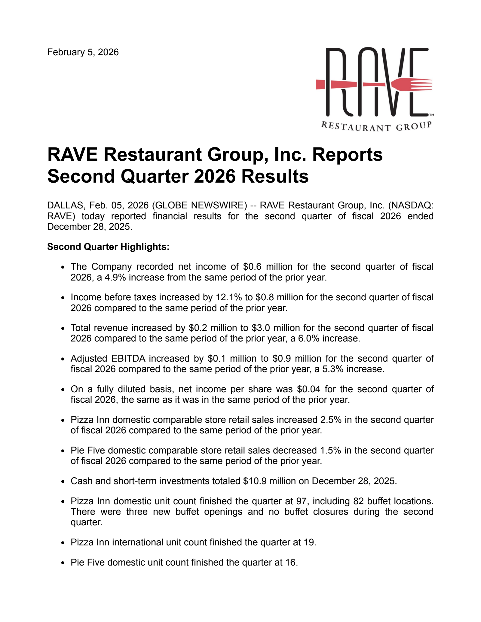 Rave Restaurant Group's Q2 2026 Press Release