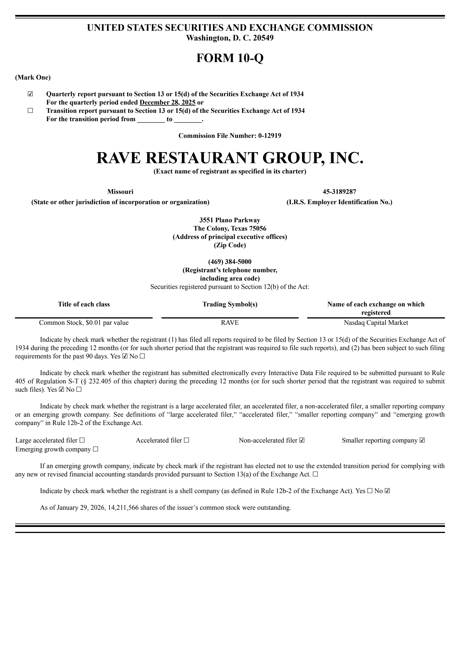 Rave Restaurant Group's Q2 2026 Quarterly report
