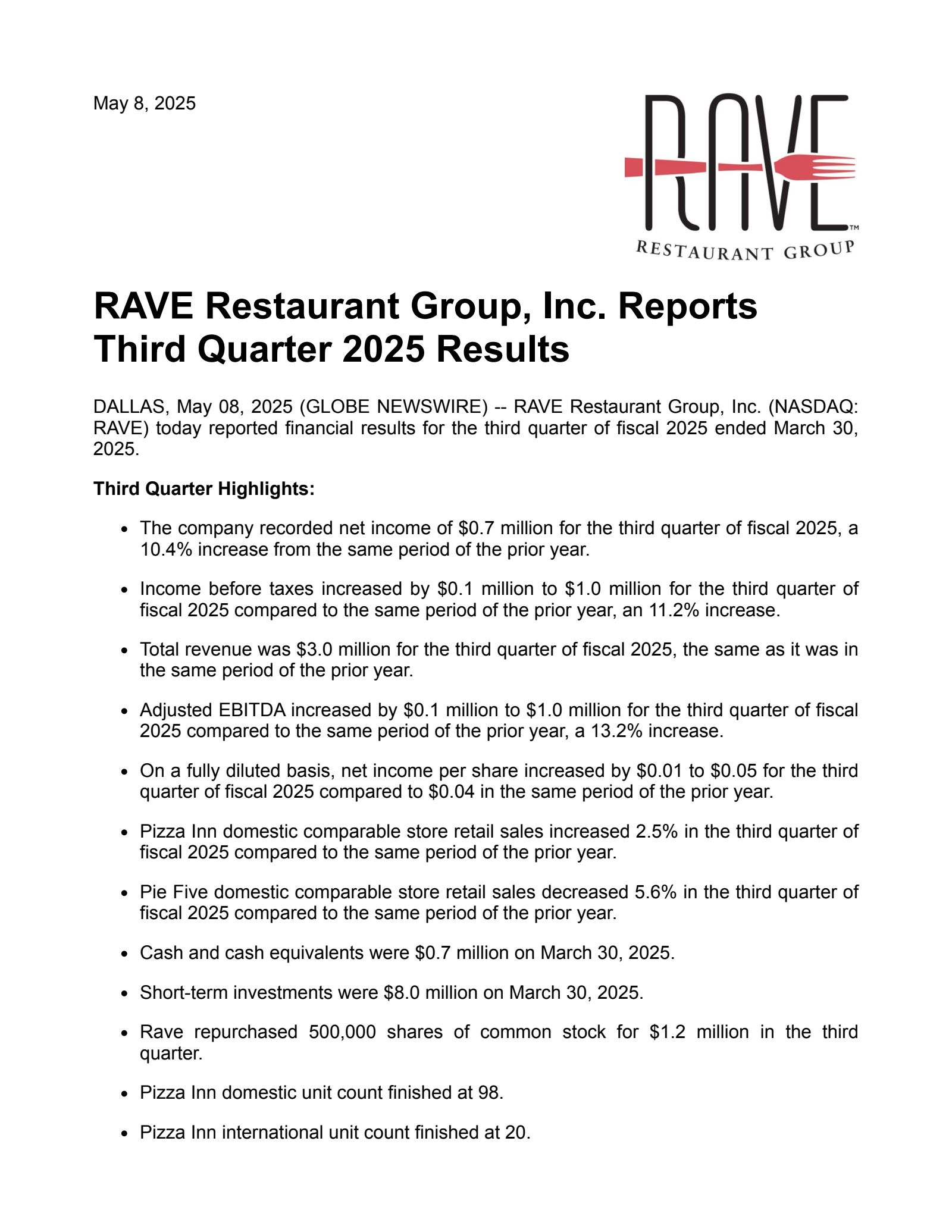Rave Restaurant Group's Q3 2025 Press Release