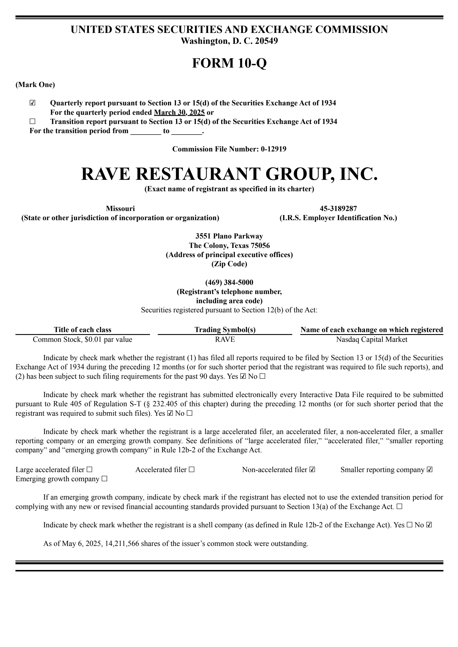 Rave Restaurant Group's Q3 2025 Quarterly report