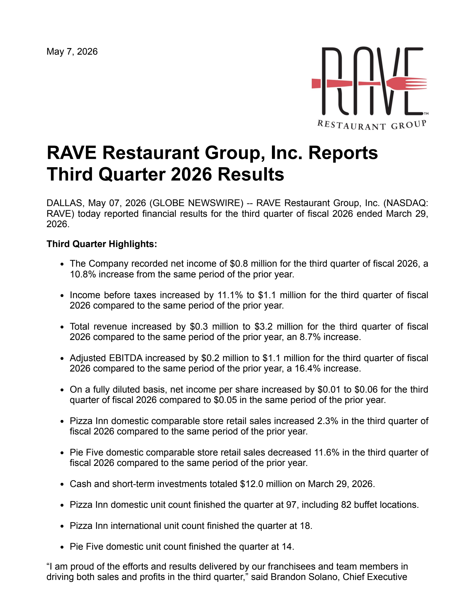 Rave Restaurant Group's Q3 2026 Press Release
