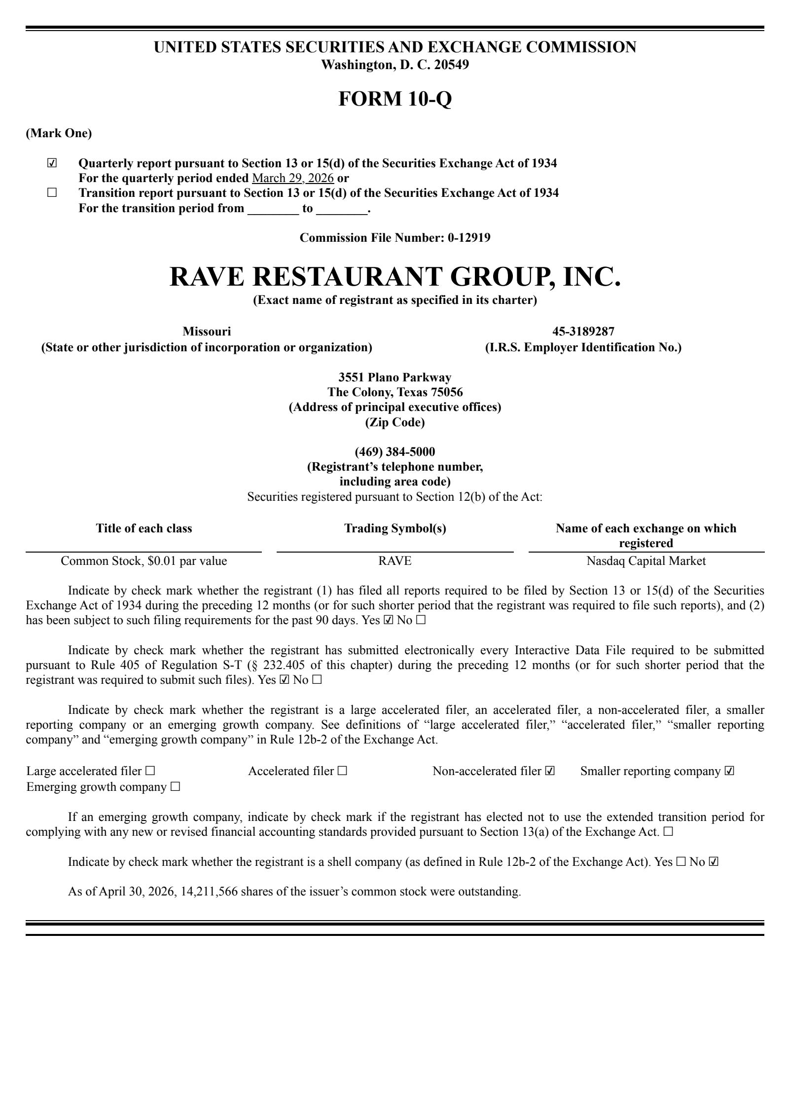 Rave Restaurant Group's Q3 2026 Quarterly report