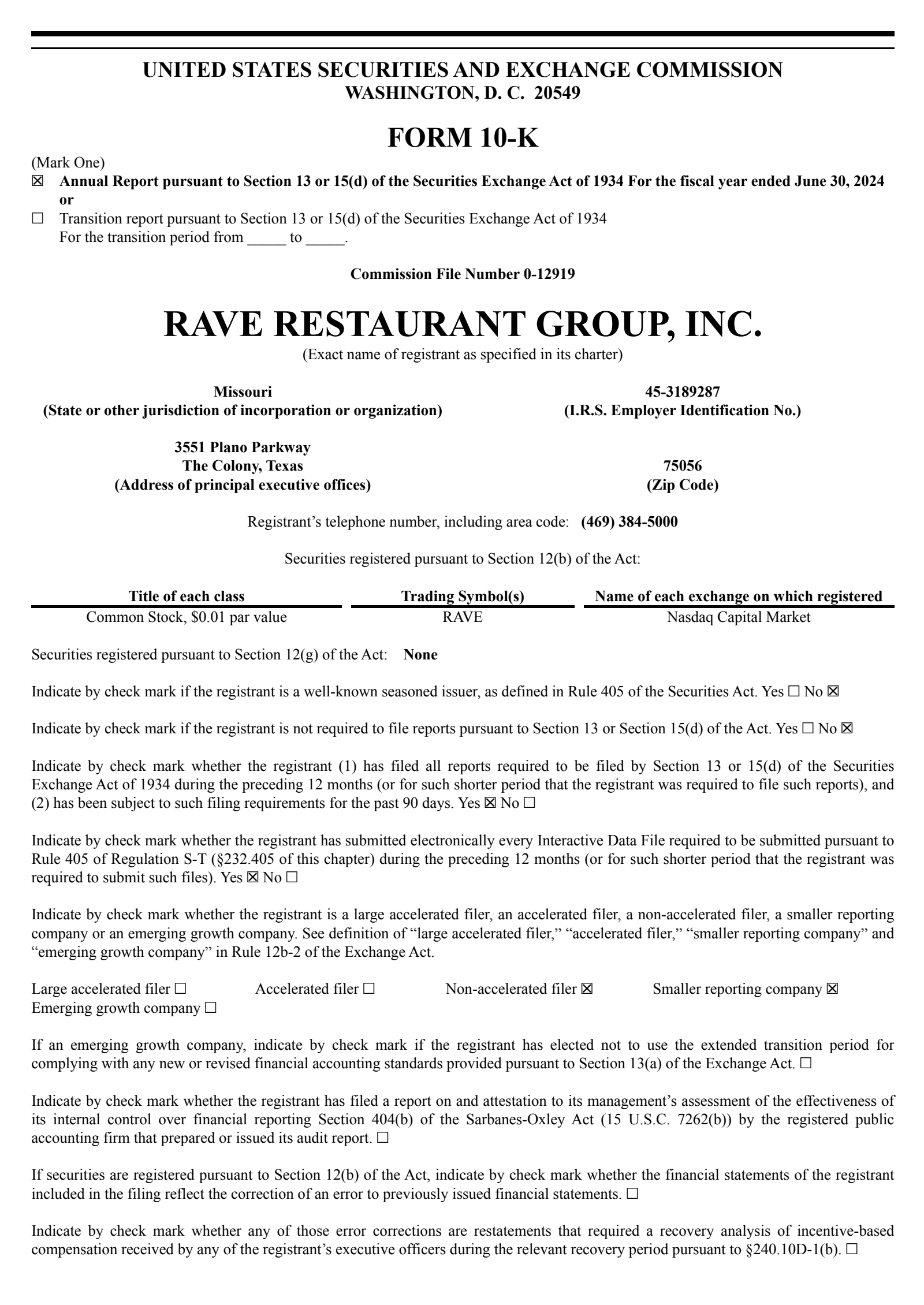 Rave Restaurant Group's Q4 2024 Annual report
