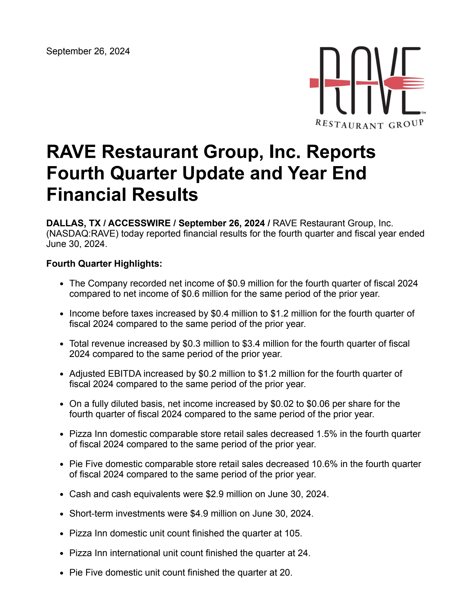 Rave Restaurant Group's Q4 2024 Press Release