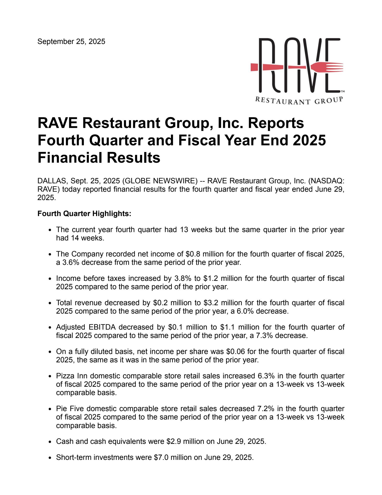 Rave Restaurant Group's Q4 2025 Press Release