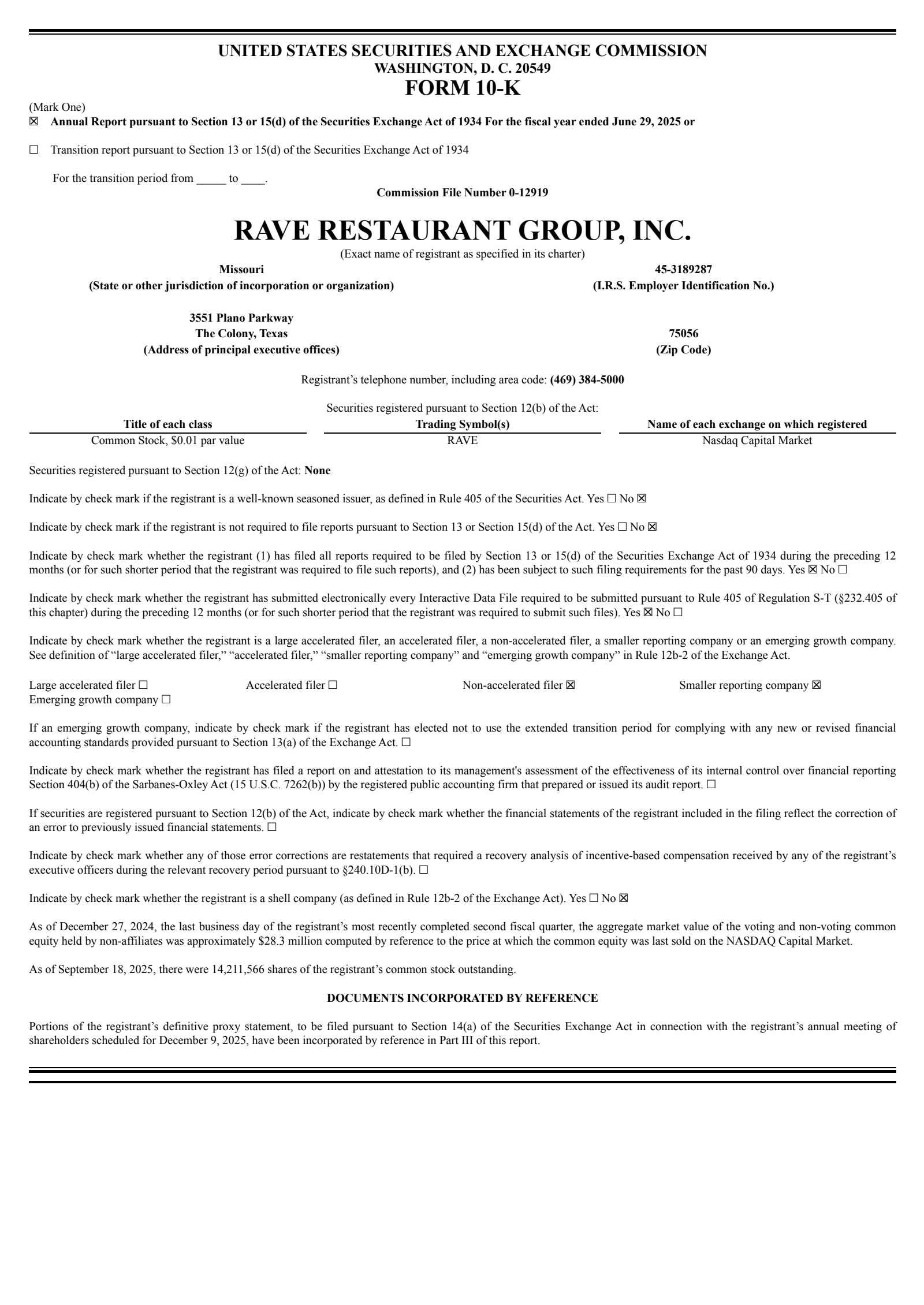 Rave Restaurant Group's Q4 2025 Annual report