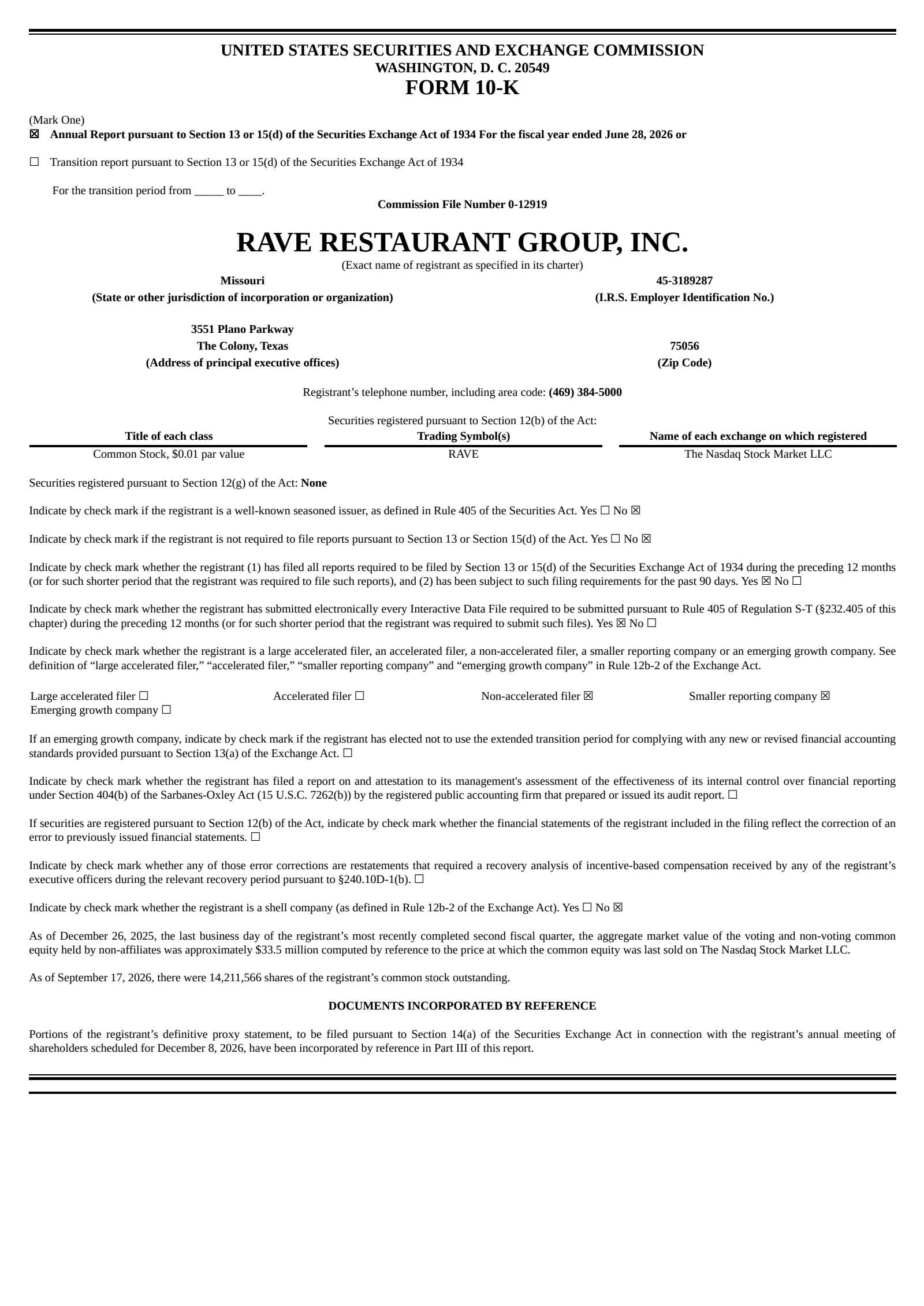Rave Restaurant Group's Q4 2026 Annual report