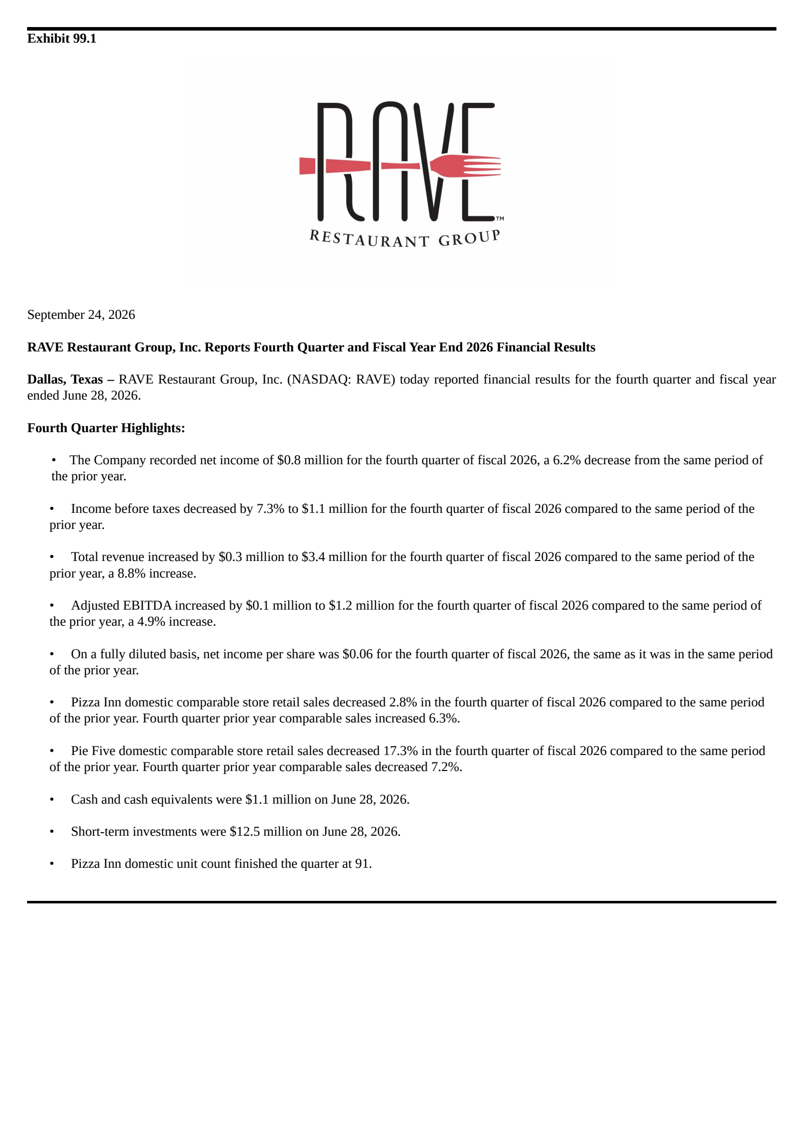 Rave Restaurant Group's Q4 2026 Press Release