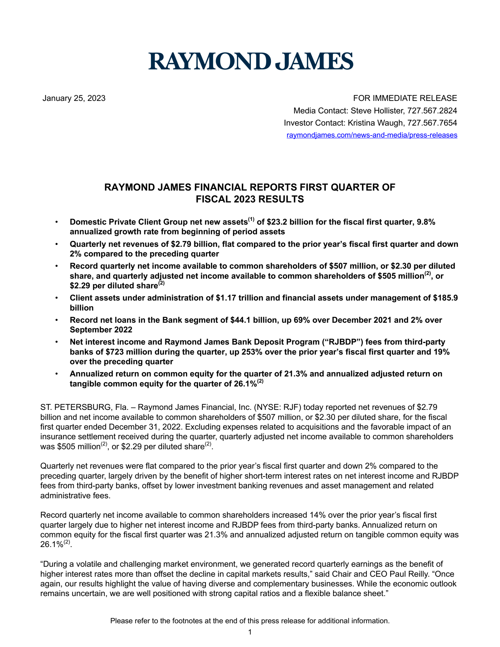 Raymond James Financial's Q1 2023 Earnings Release