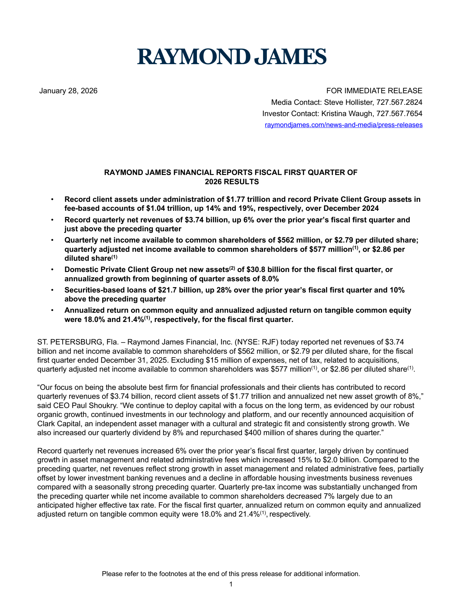 Raymond James Financial's Q1 2026 Press Release