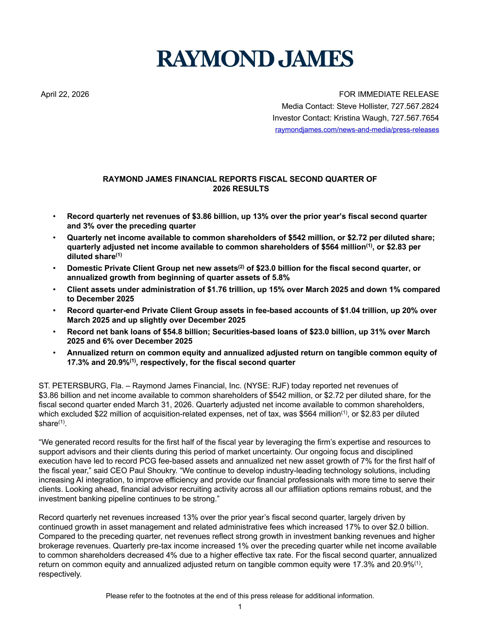 Raymond James Financial's Q2 2026 Press Release