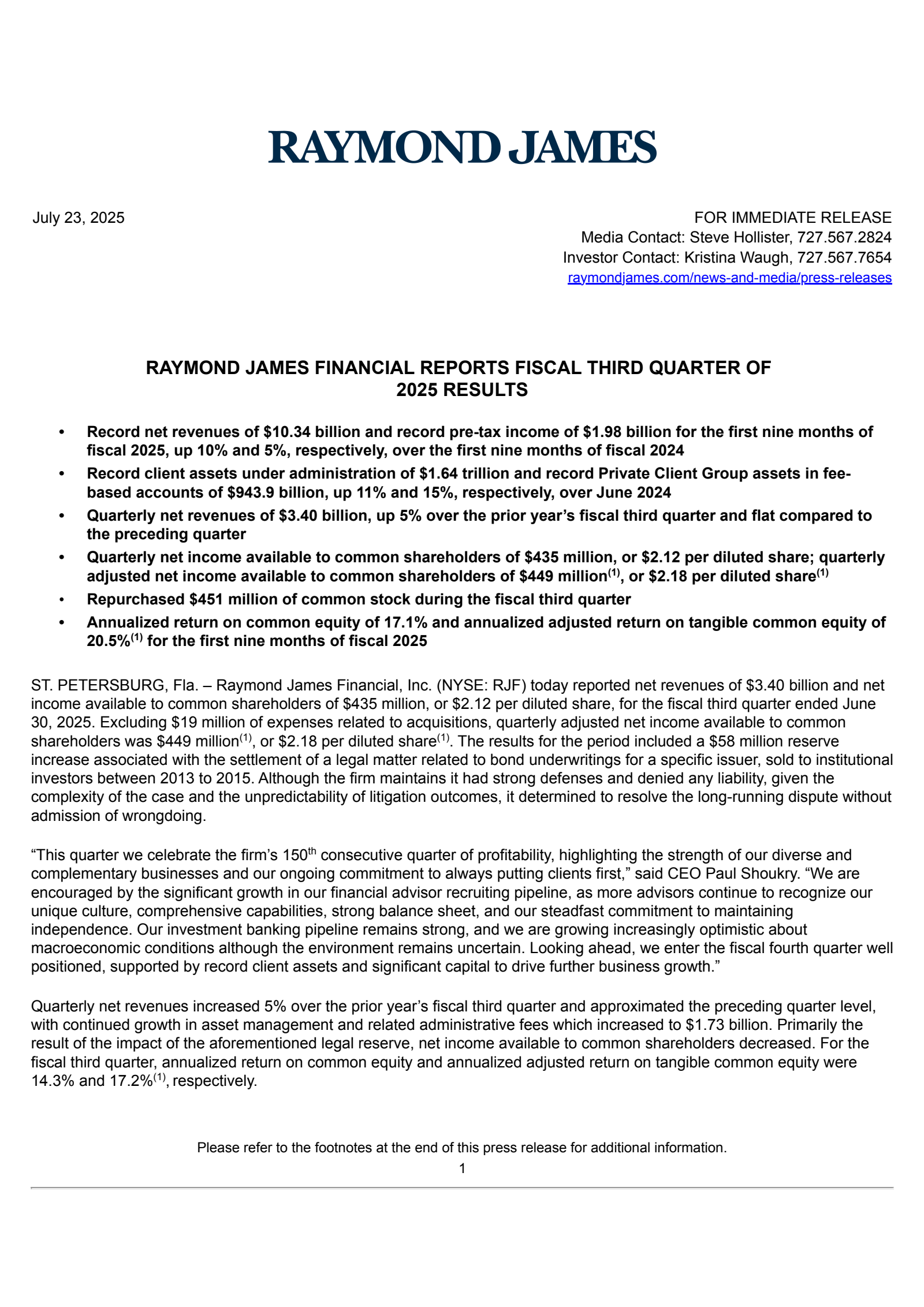 Raymond James Financial's Q3 2025 Press Release