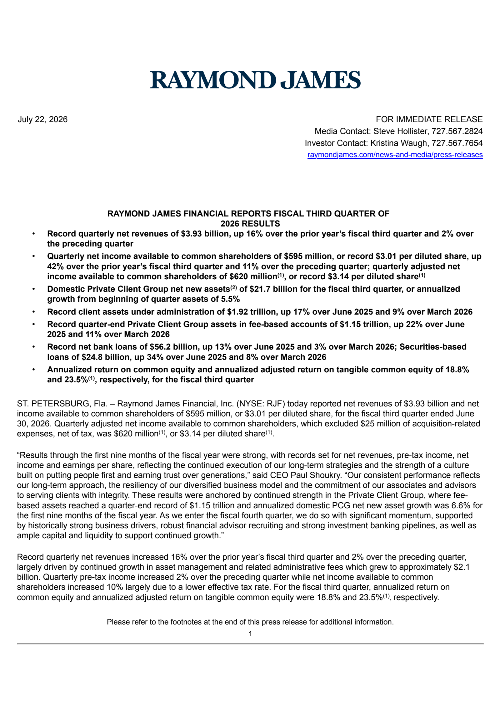 Raymond James Financial's Q3 2026 Press Release