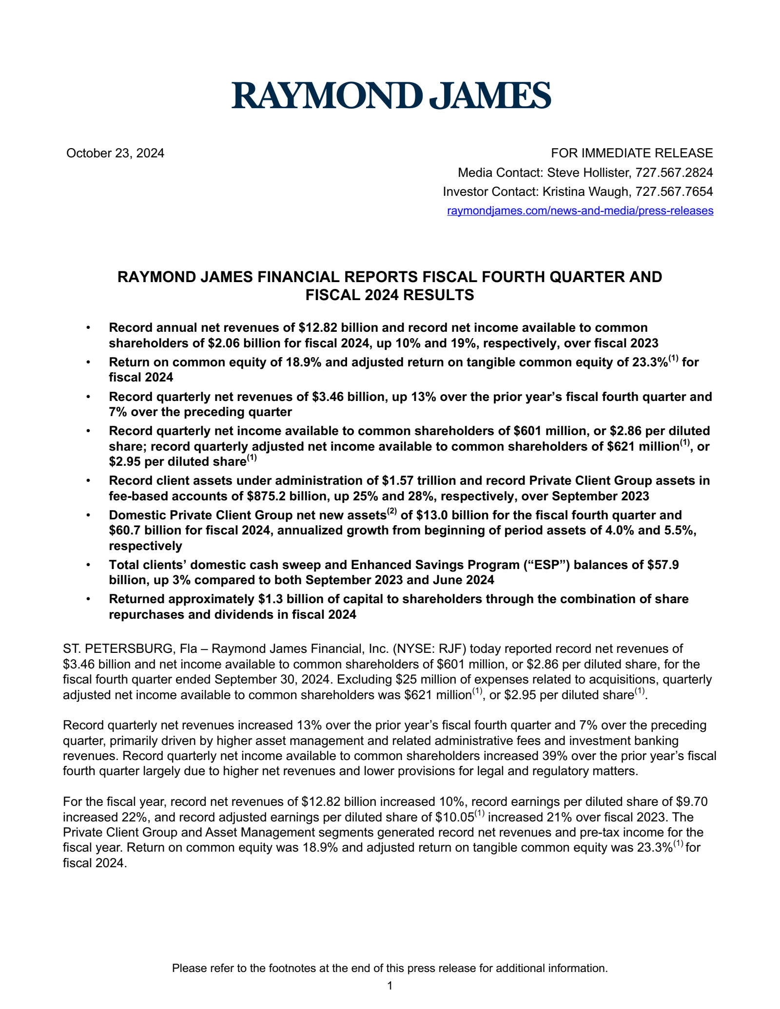 Raymond James' Q4 2024 Press Release