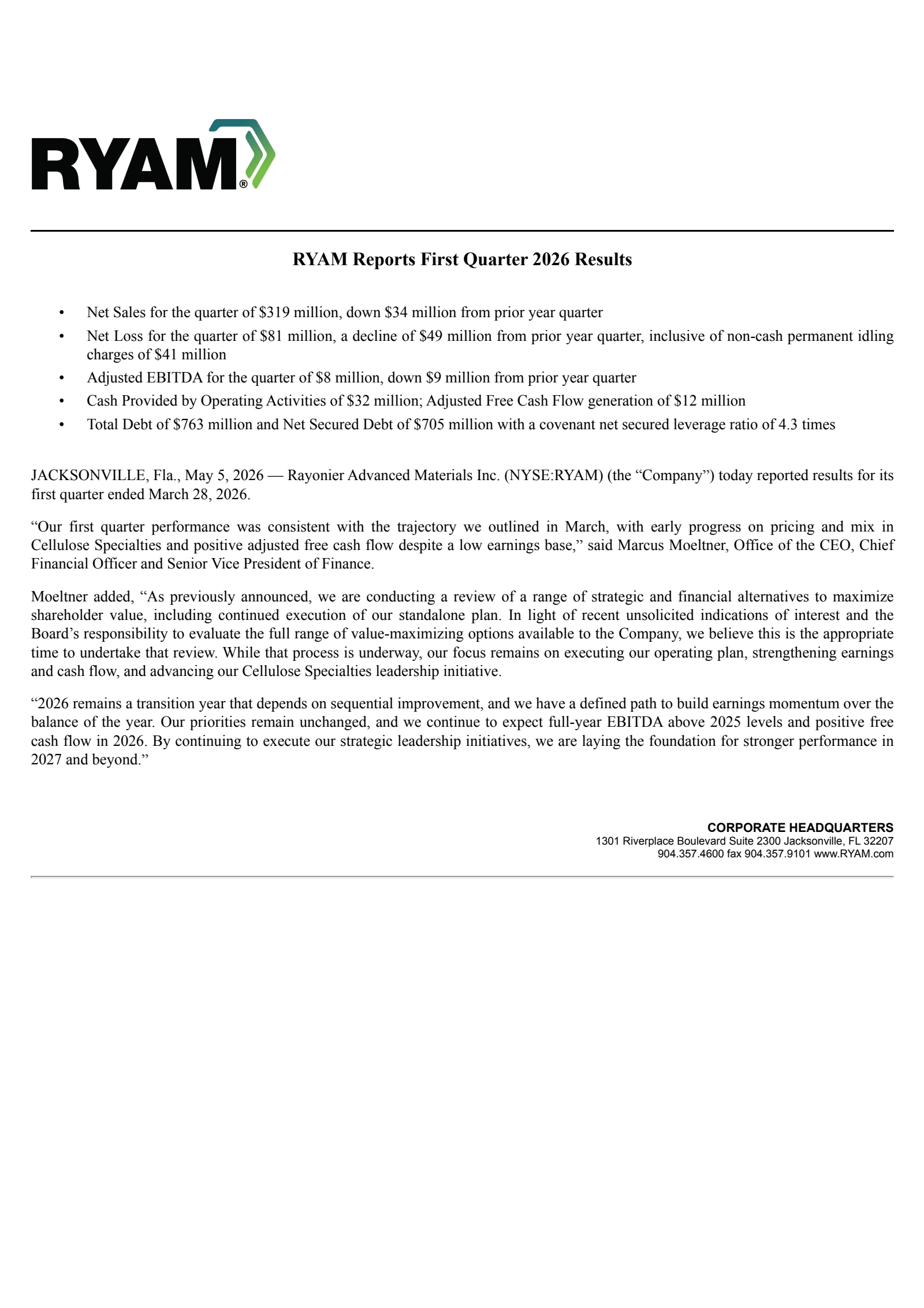 Rayonier Advanced Materials' Q1 2026 Press Release