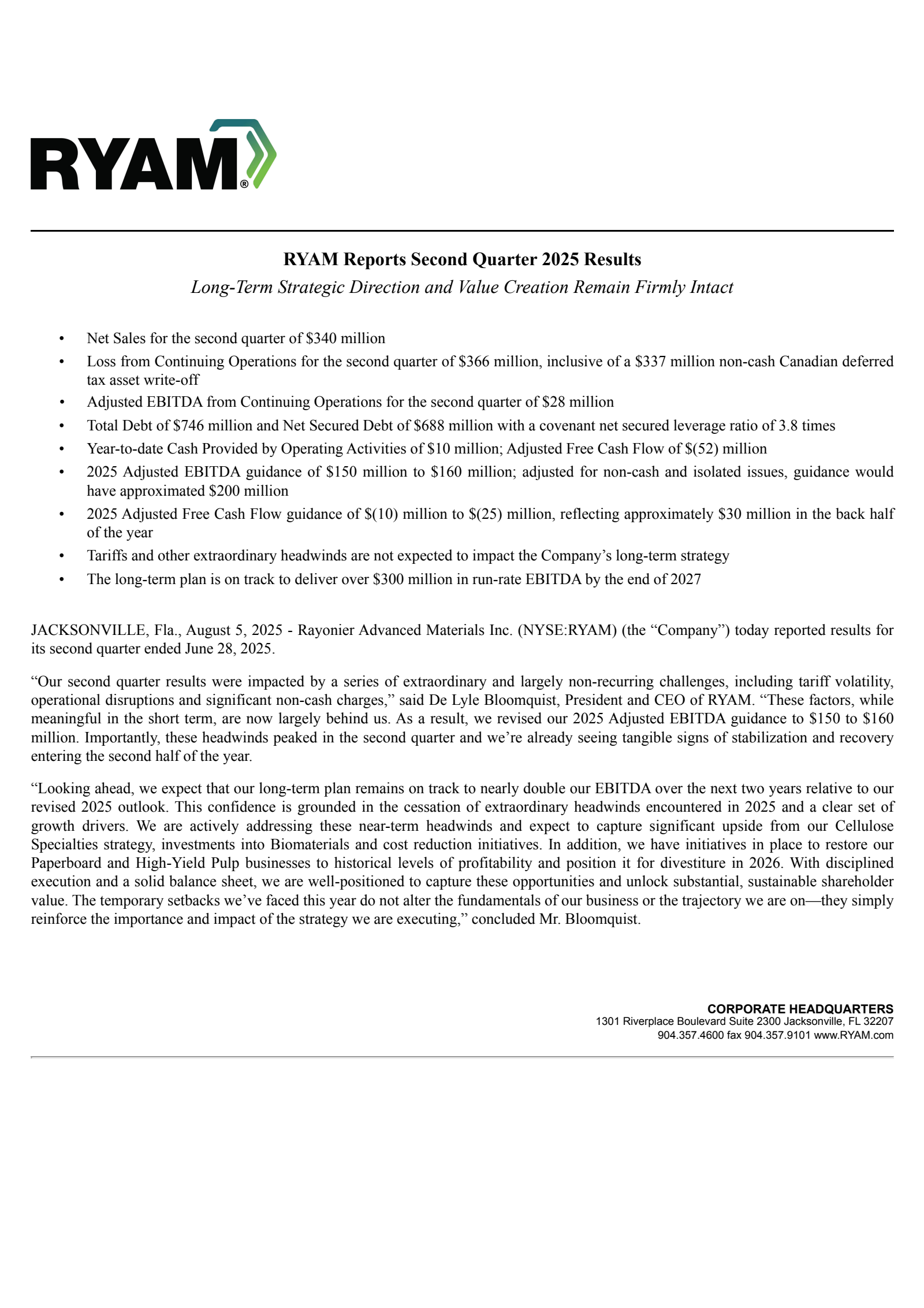 Rayonier Advanced Materials' Q2 2025 Press Release