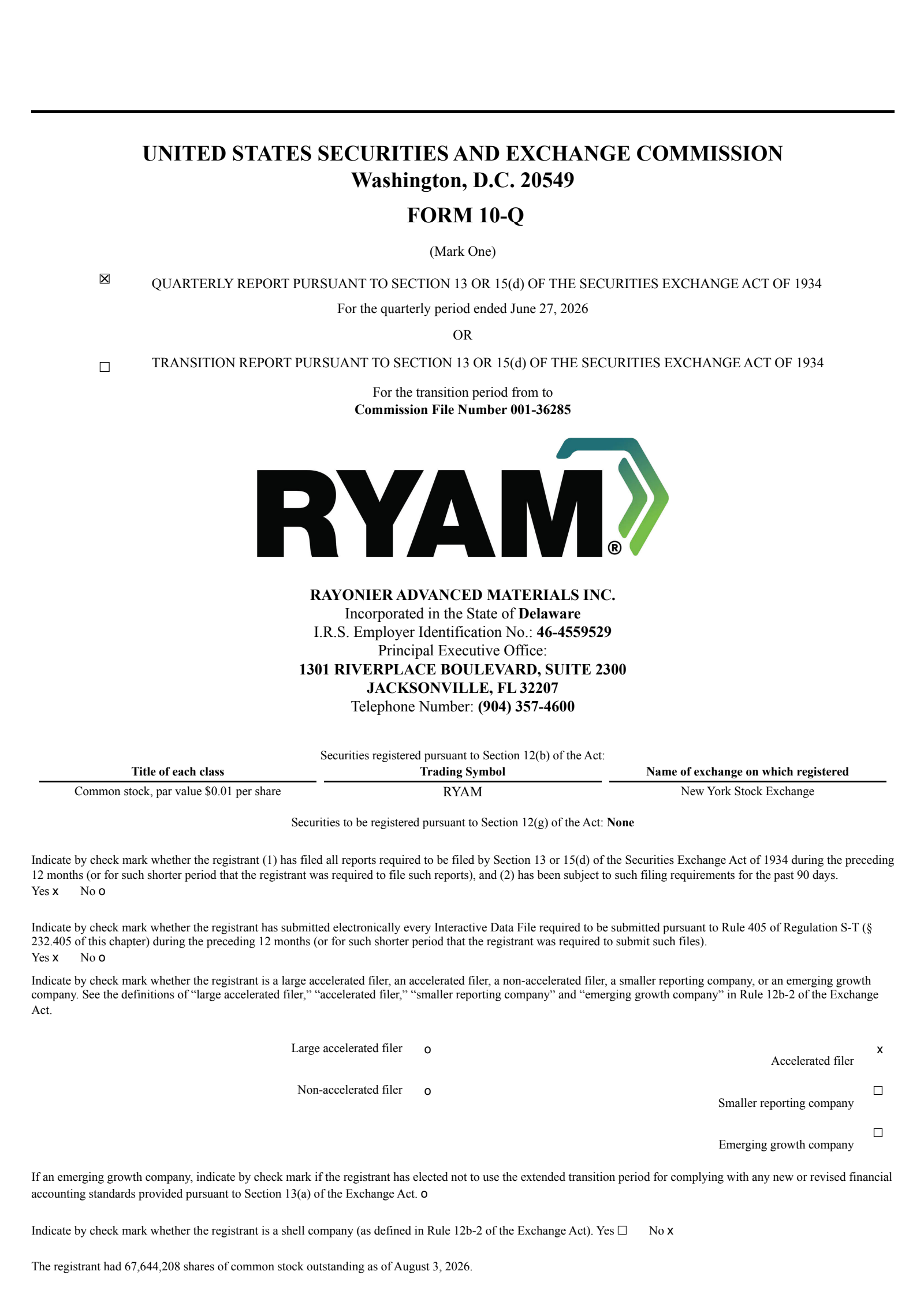 Rayonier Advanced Materials' Q2 2026 Quarterly report
