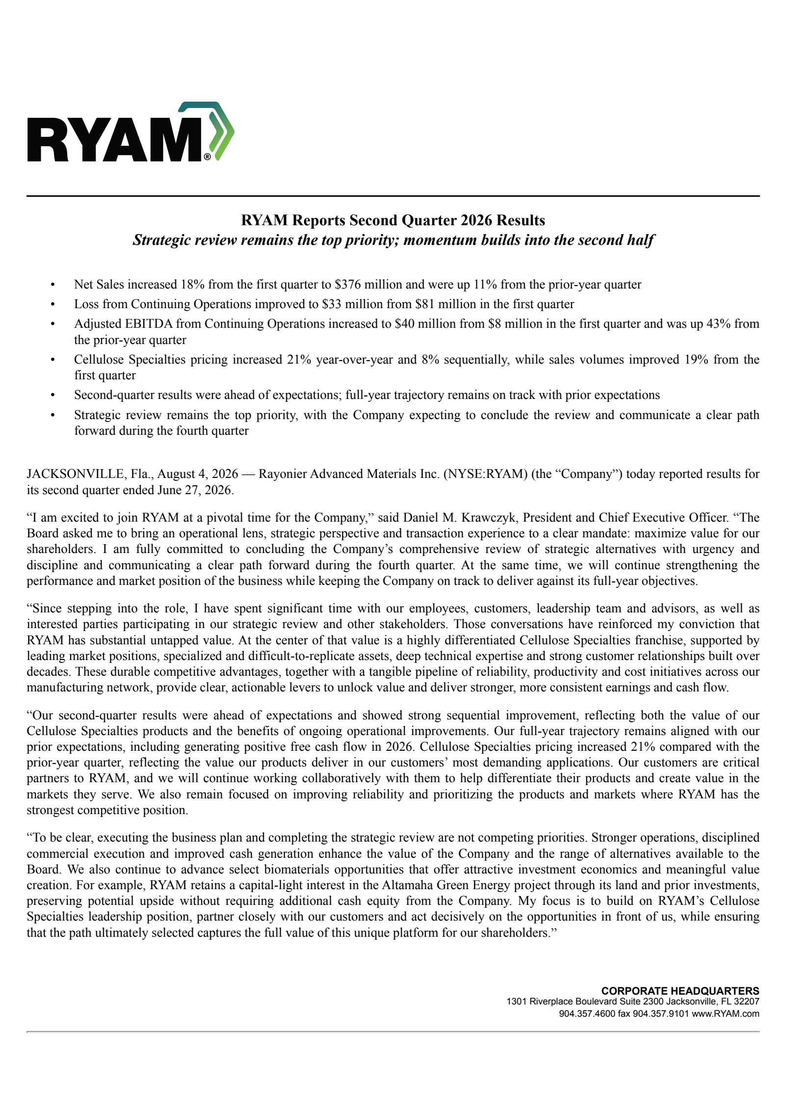 Rayonier Advanced Materials' Q2 2026 Press Release