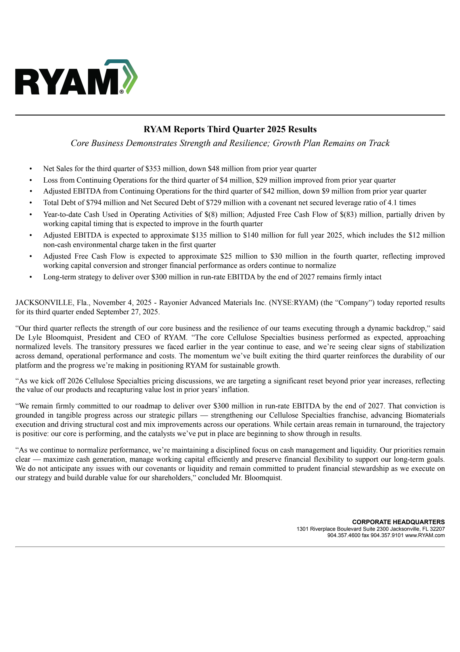 Rayonier Advanced Materials' Q3 2025 Earnings Release