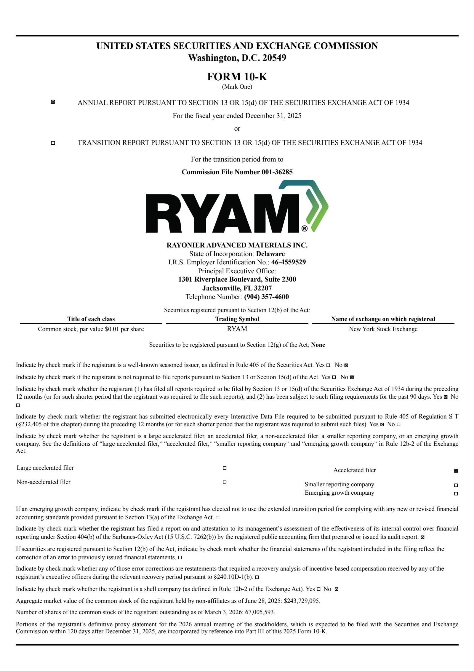 Rayonier Advanced Materials' Q4 2025 Annual report