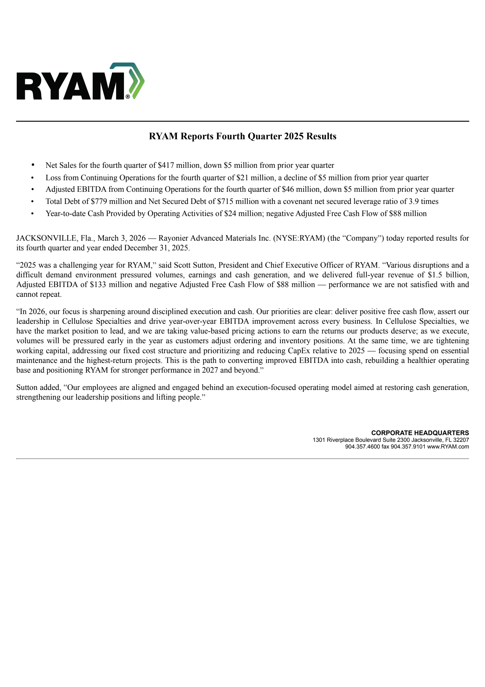 Rayonier Advanced Materials' Q4 2025 Press Release