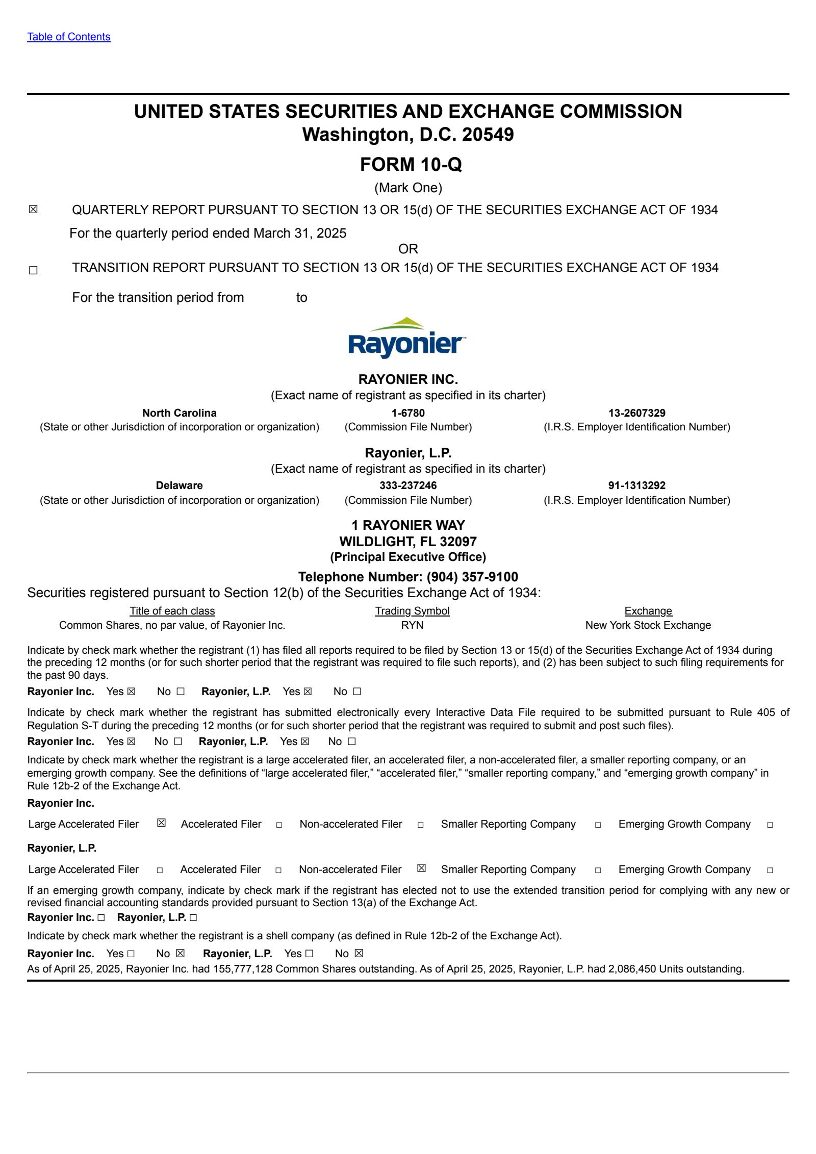 Rayonier's Q1 2025 Quarterly report