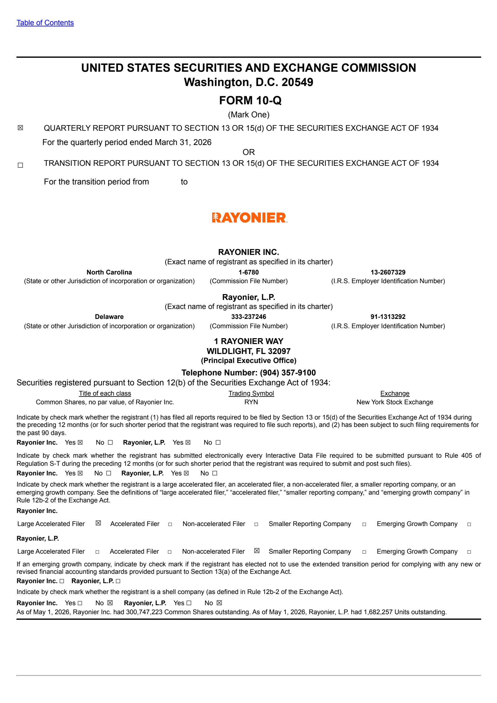Rayonier's Q1 2026 Quarterly report