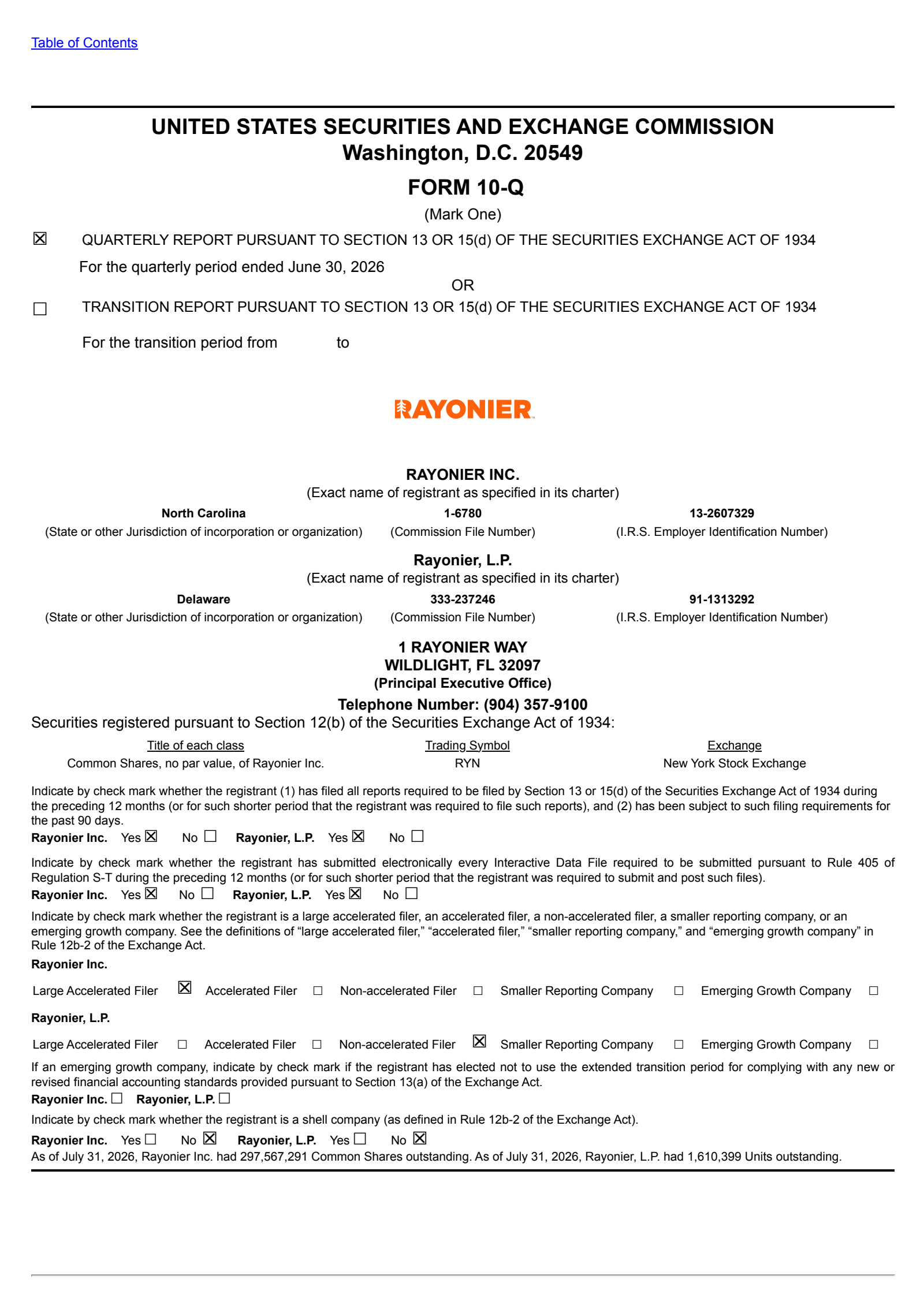 Rayonier's Q2 2026 Quarterly report