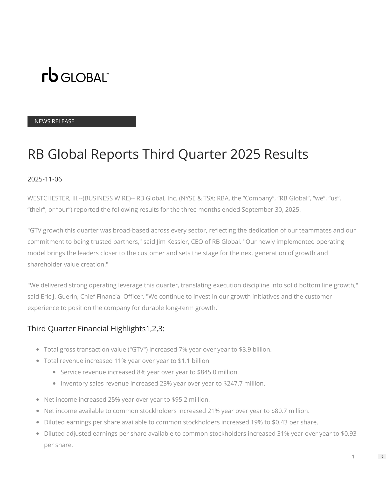 RB Global's Q3 2025 Earnings Release