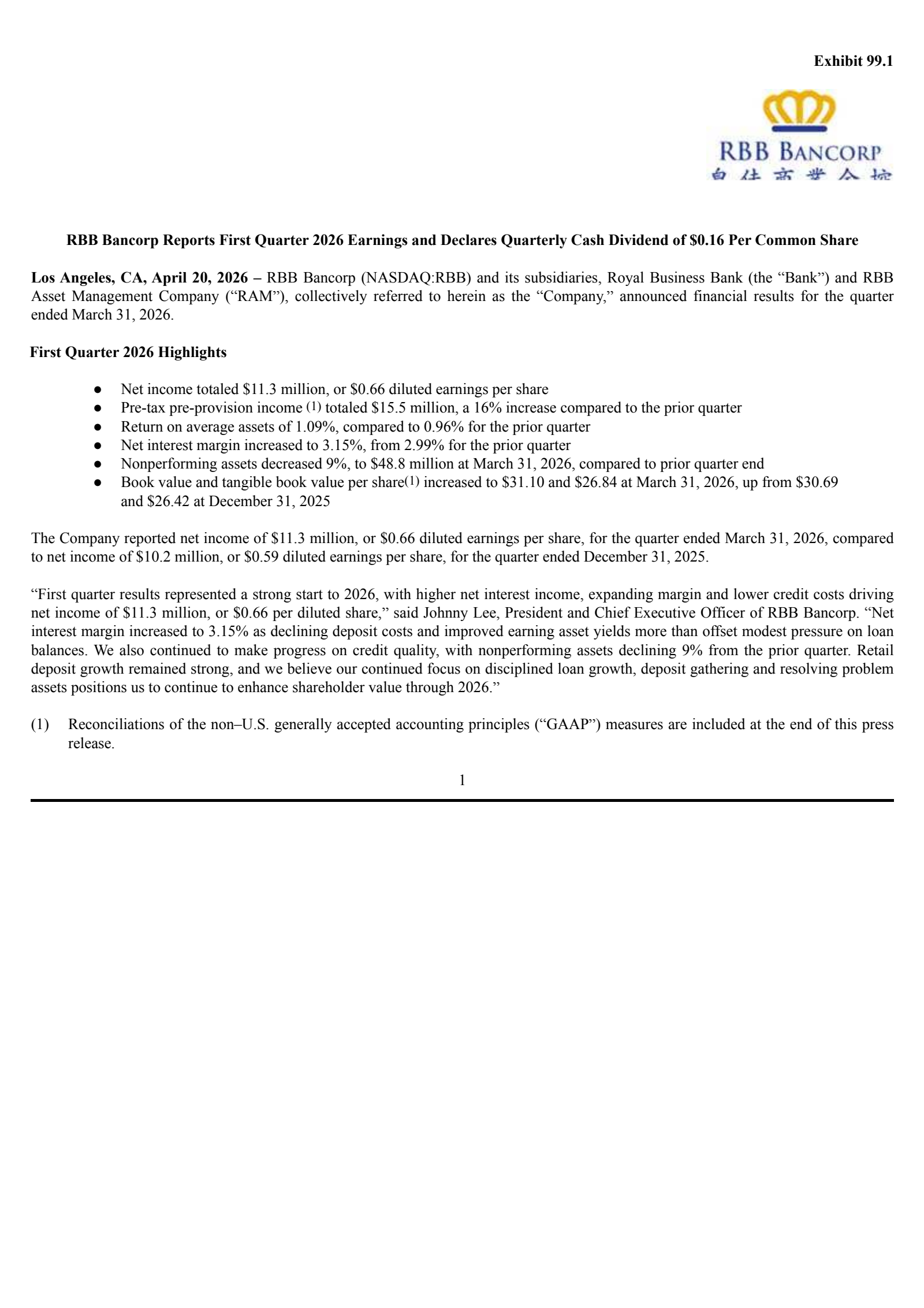 RBB Bancorp's Q1 2026 Press Release