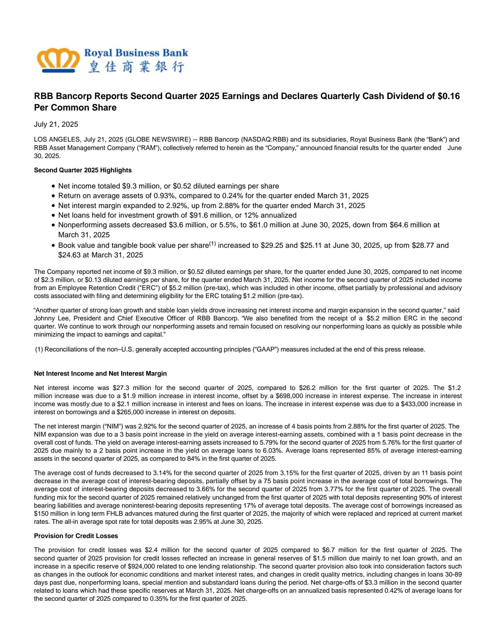 RBB Bancorp's Q2 2025 Press Release