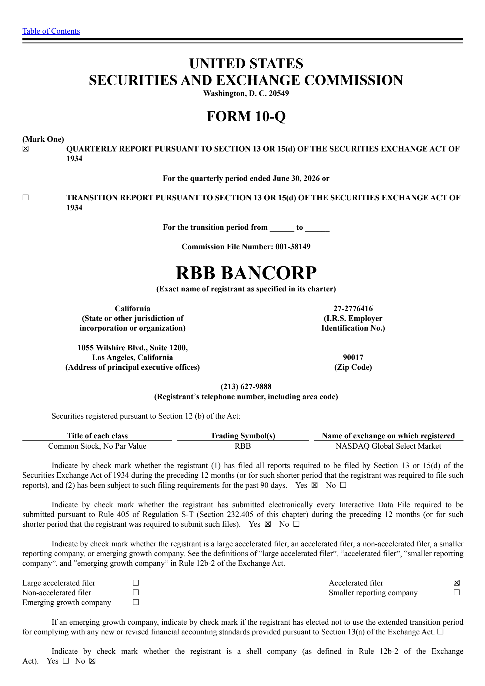 RBB Bancorp's Q2 2026 Quarterly report