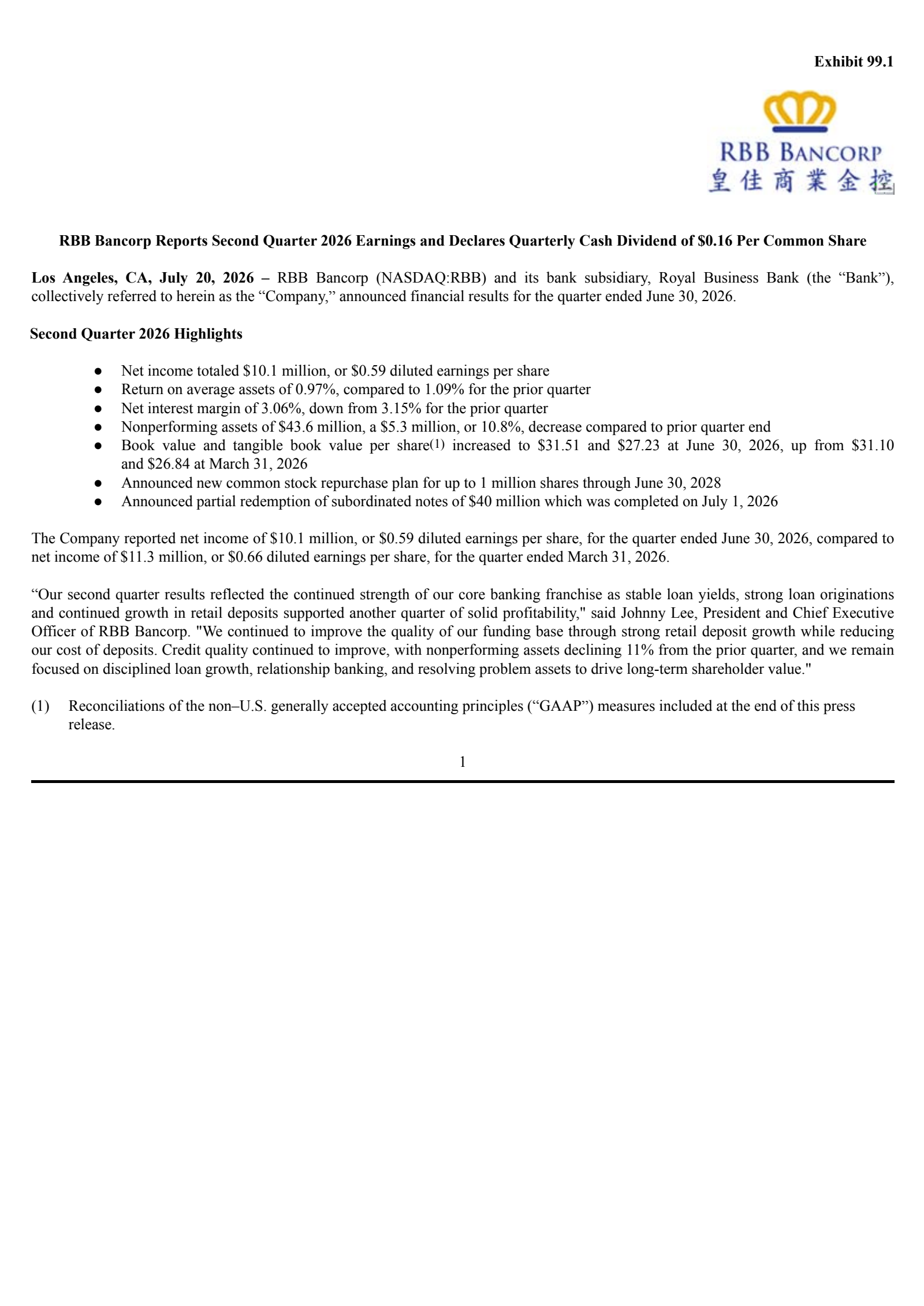 RBB Bancorp's Q2 2026 Press Release