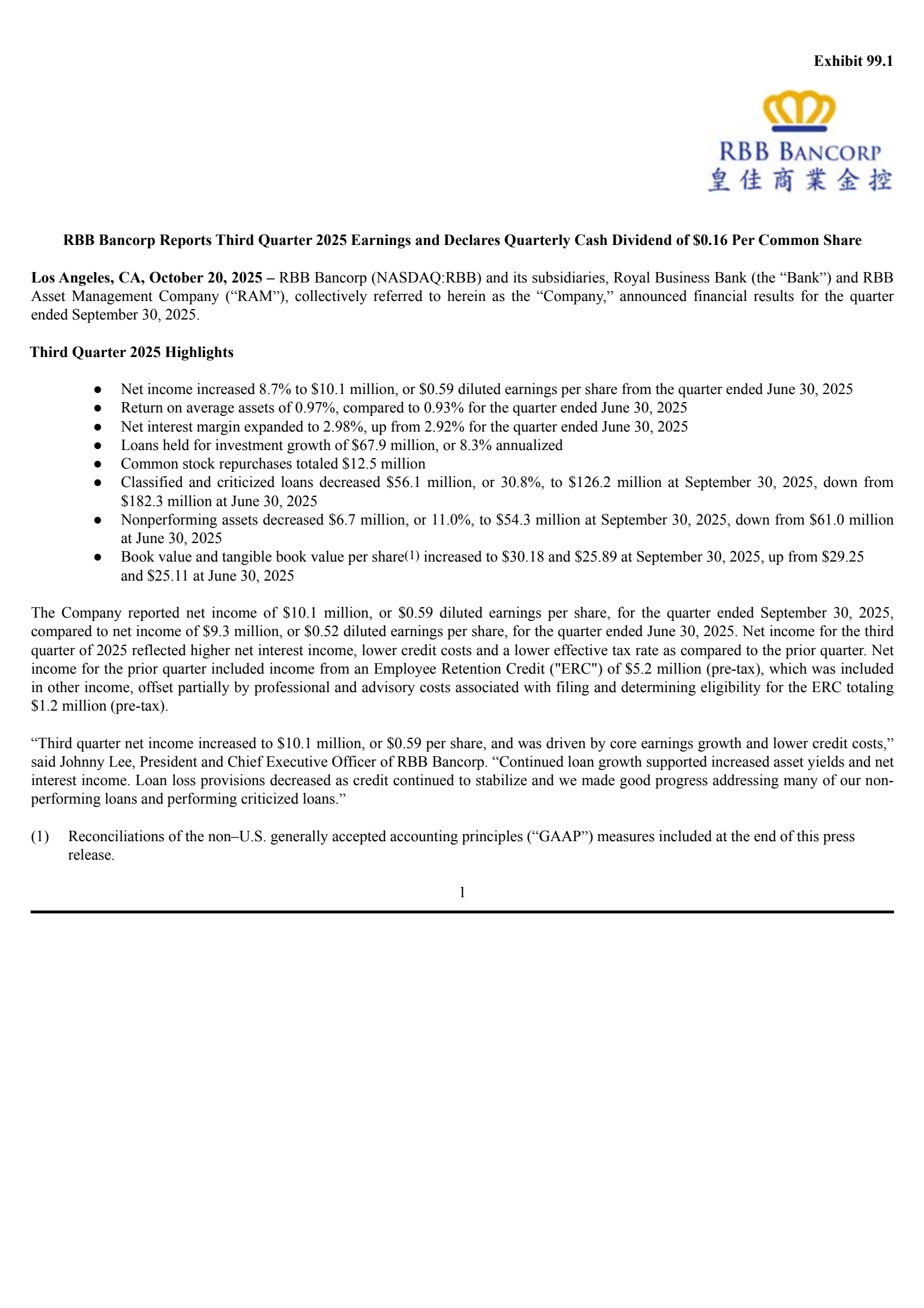 RBB Bancorp's Q3 2025 Earnings Release