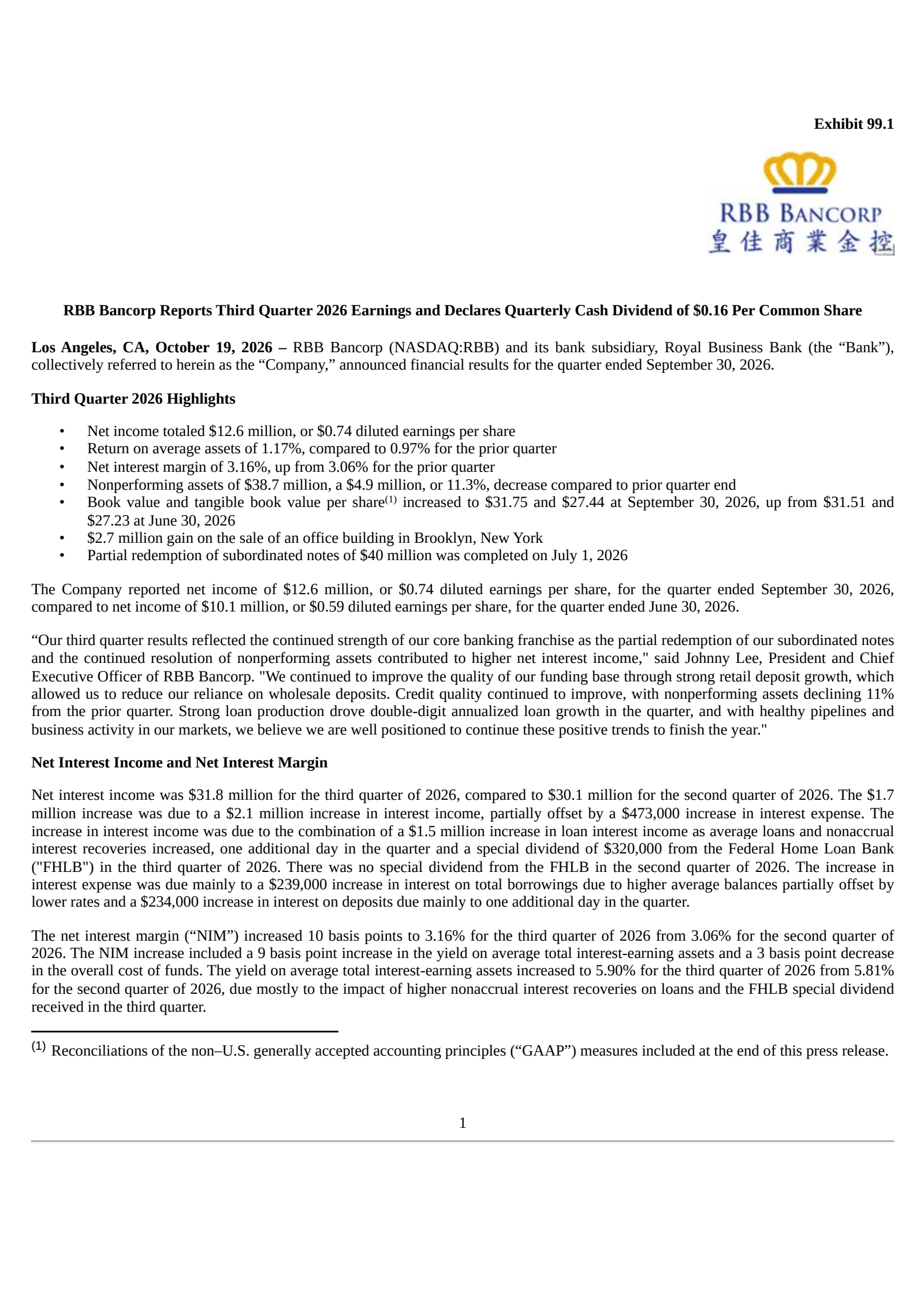 RBB Bancorp's Q3 2026 Press Release