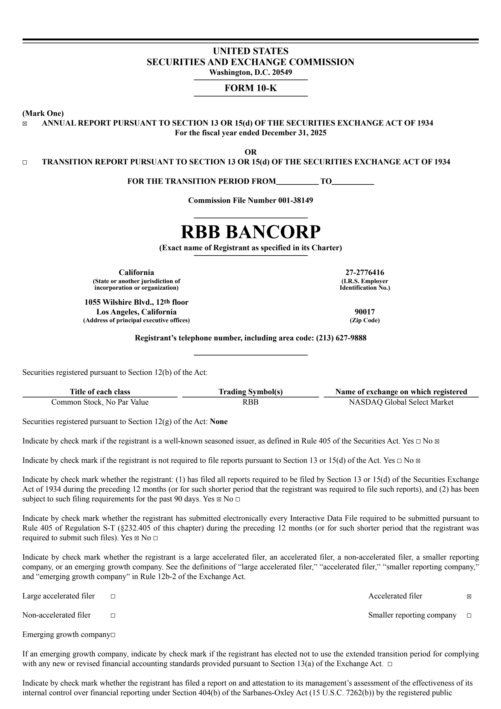 RBB Bancorp's Q4 2025 Annual report