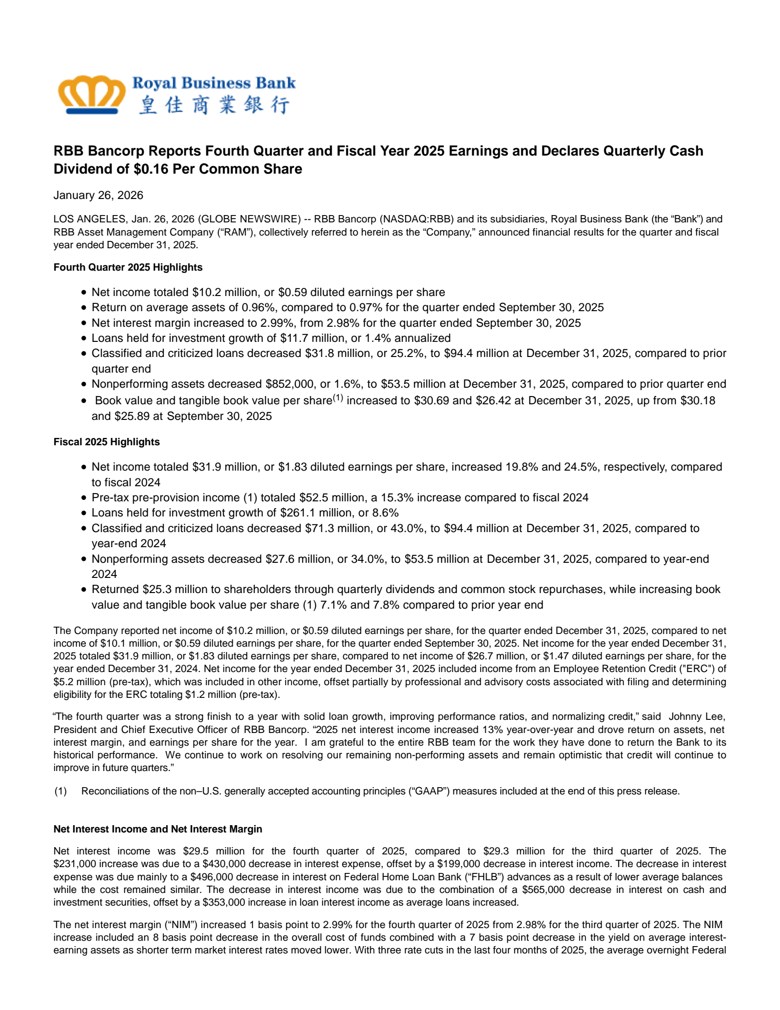 RBB Bancorp's Q4 2025 Press Release