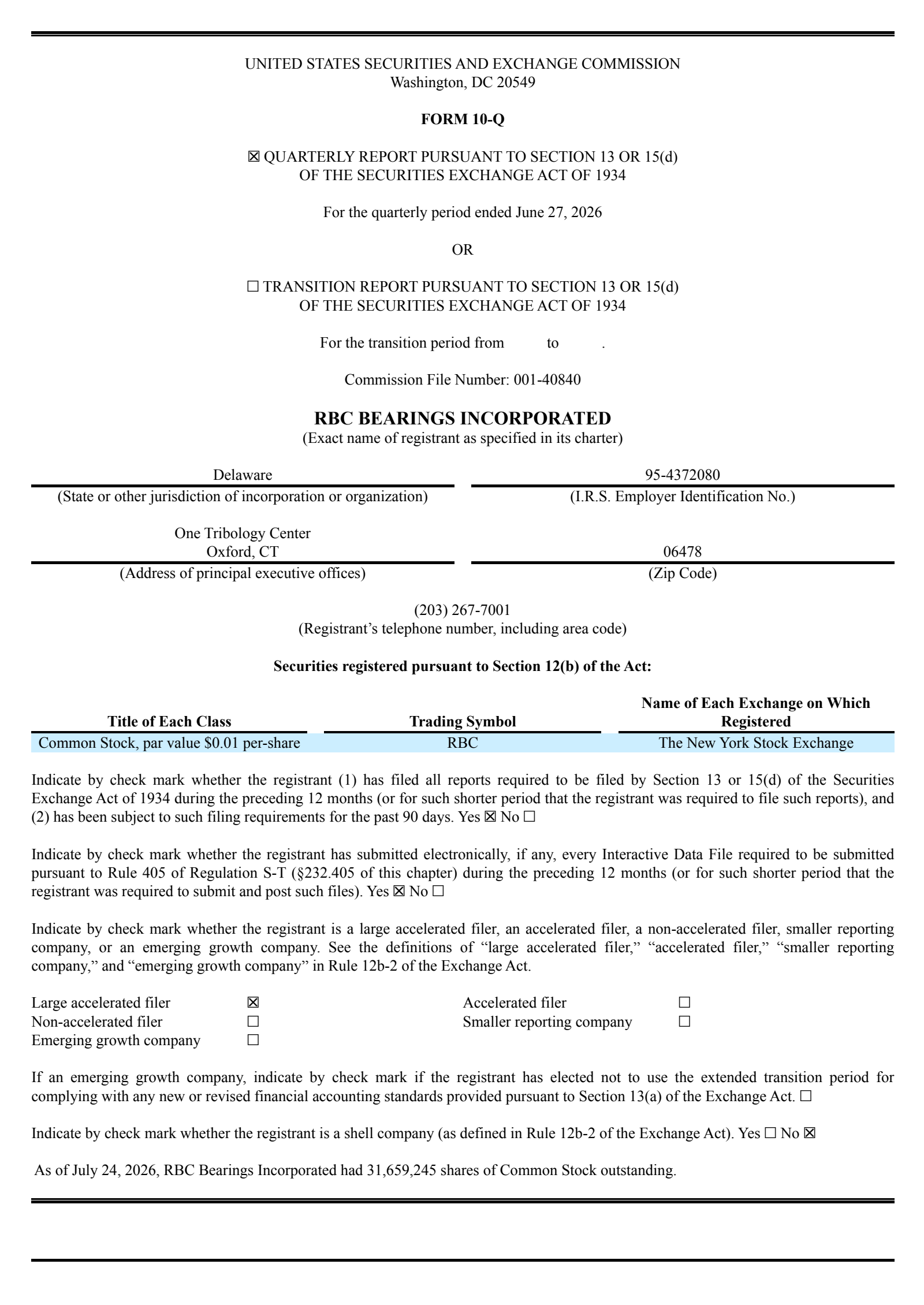 RBC Bearings' Q1 2027 Quarterly report