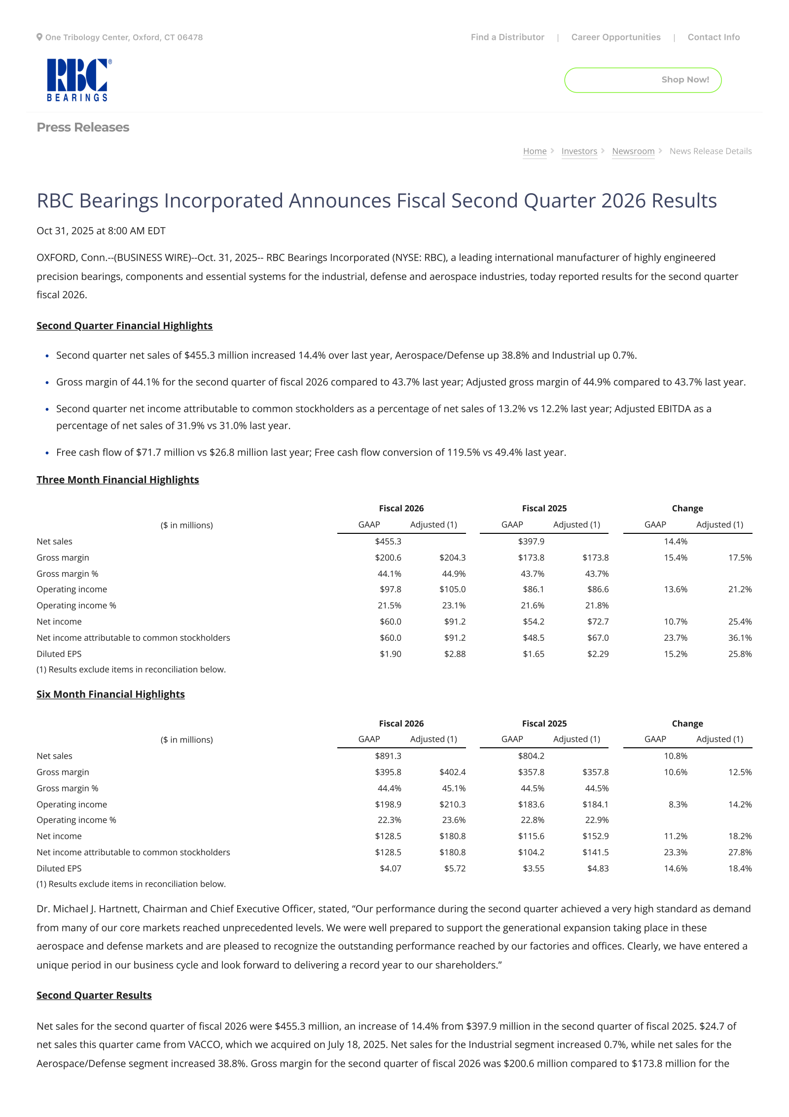 RBC Bearings' Q2 2026 Earnings Release