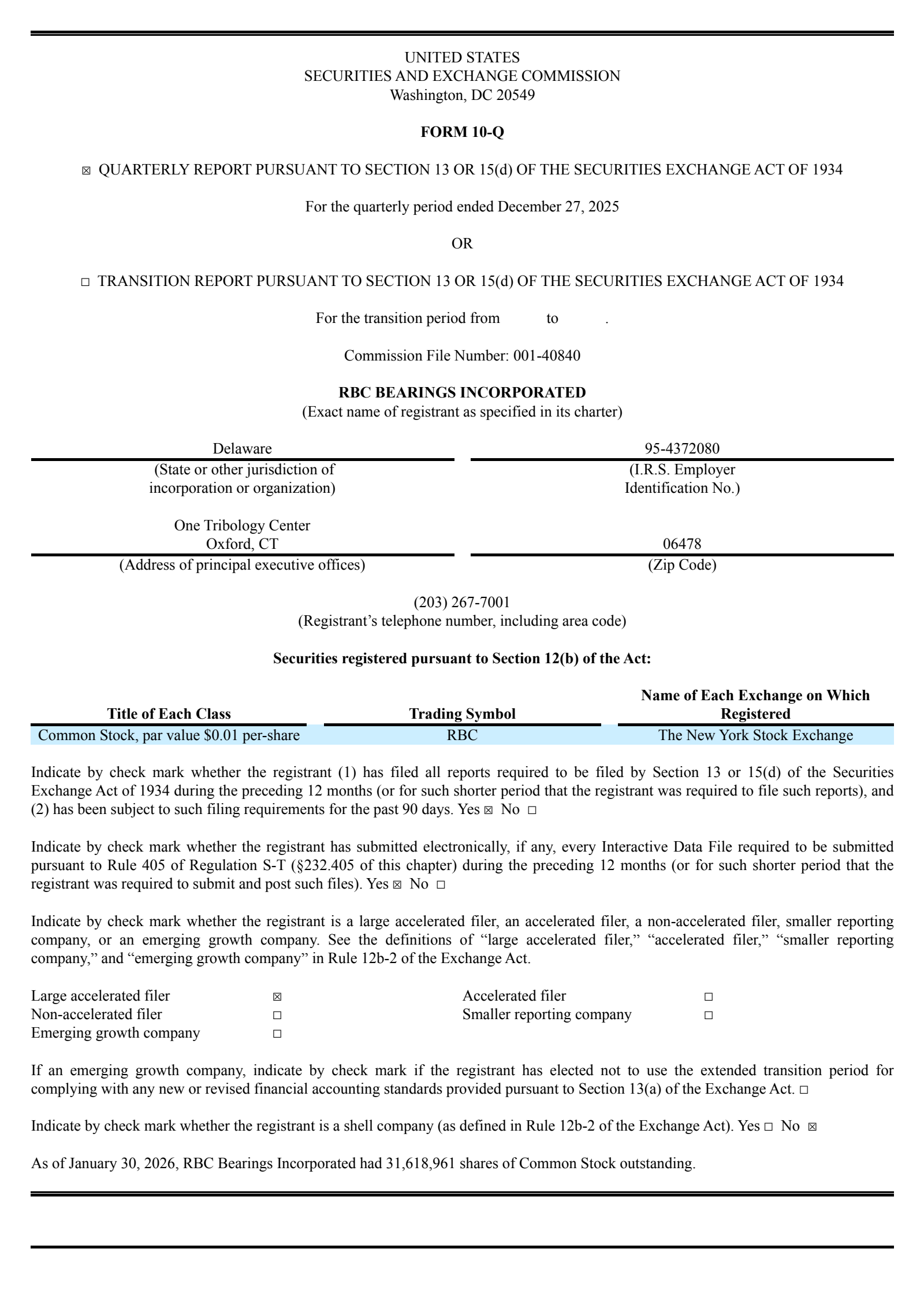 RBC Bearings' Q3 2026 Quarterly report