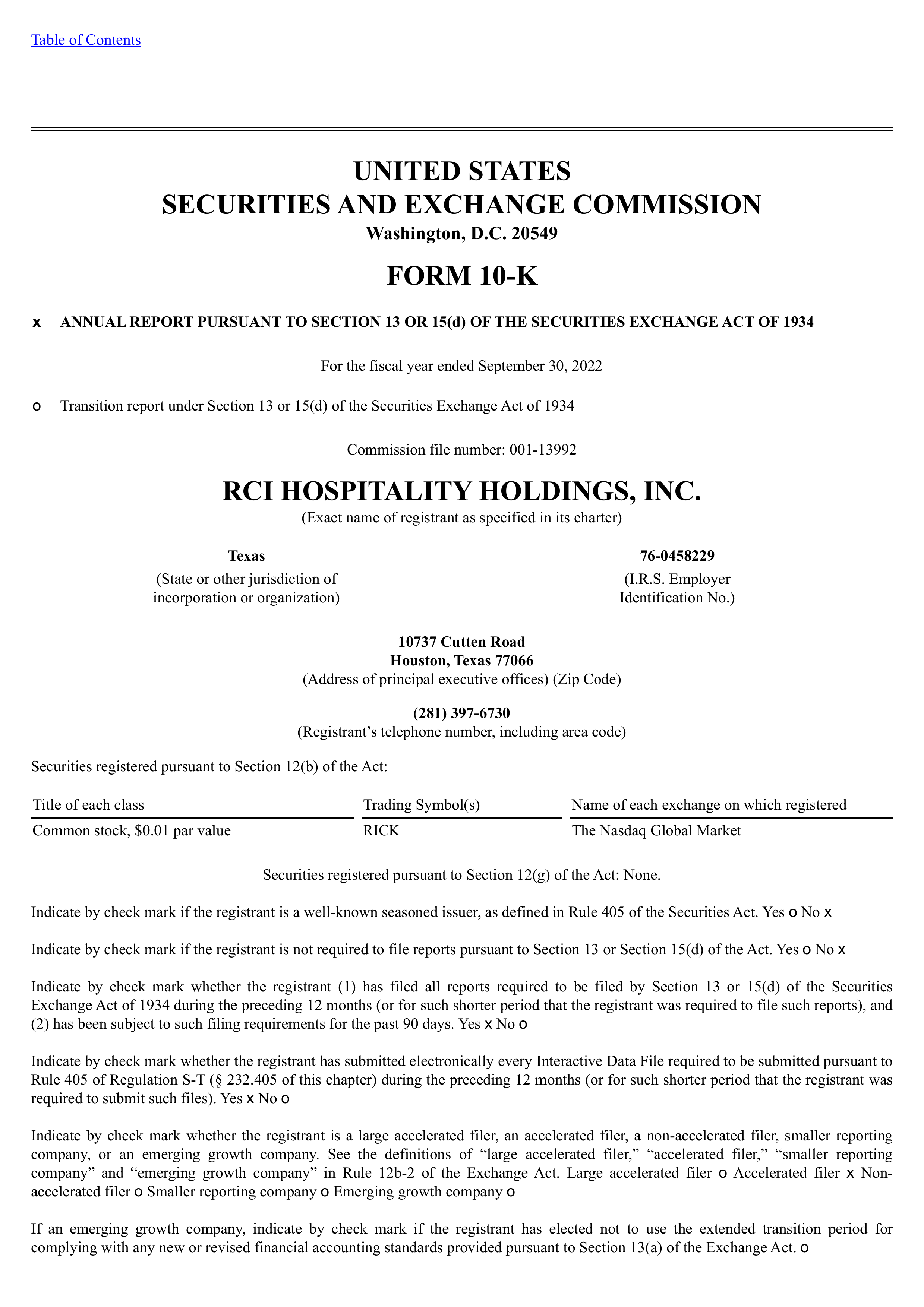 RCI Hospitality's Q4 2022 Annual report