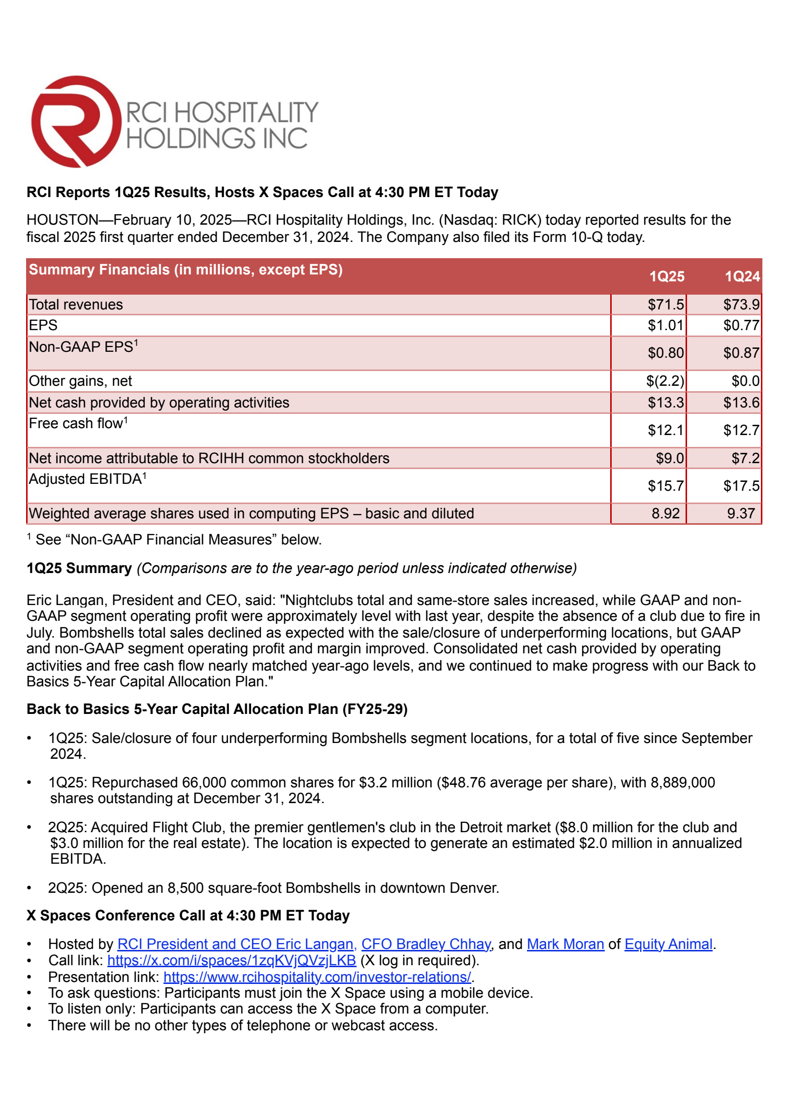 RCI Hospitality's Q1 2025 Press Release