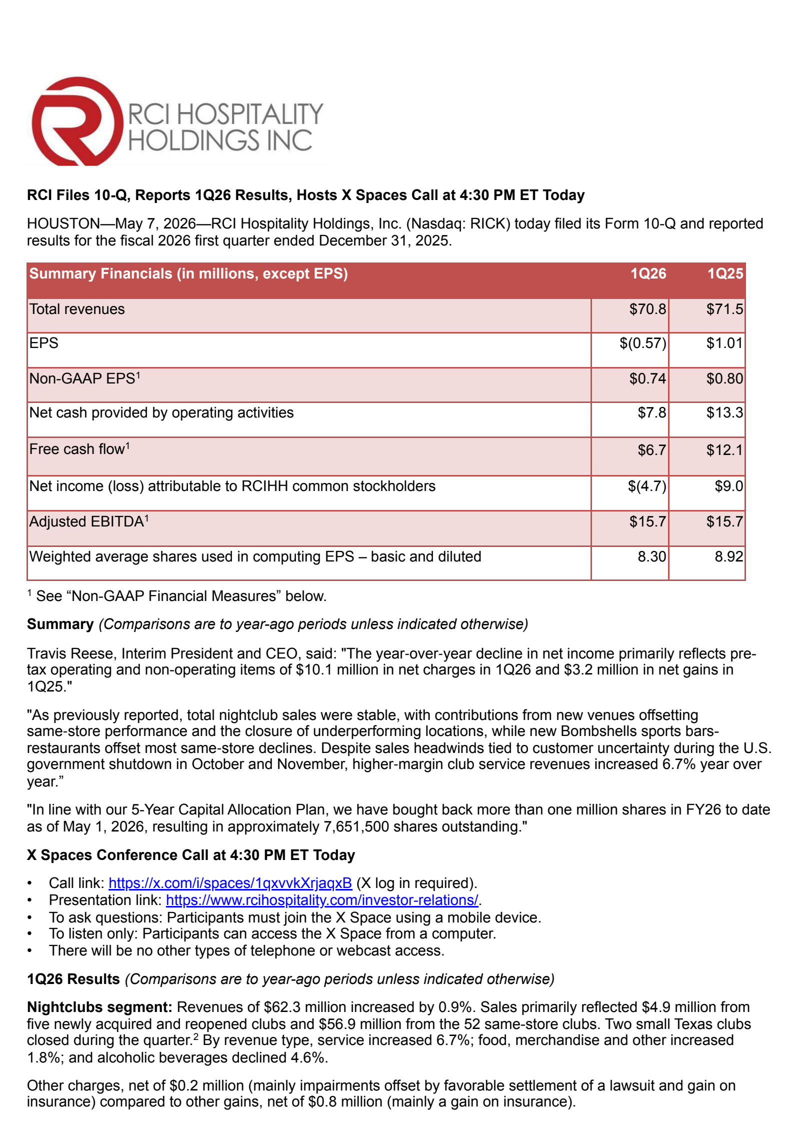 RCI Hospitality's Q1 2026 Press Release