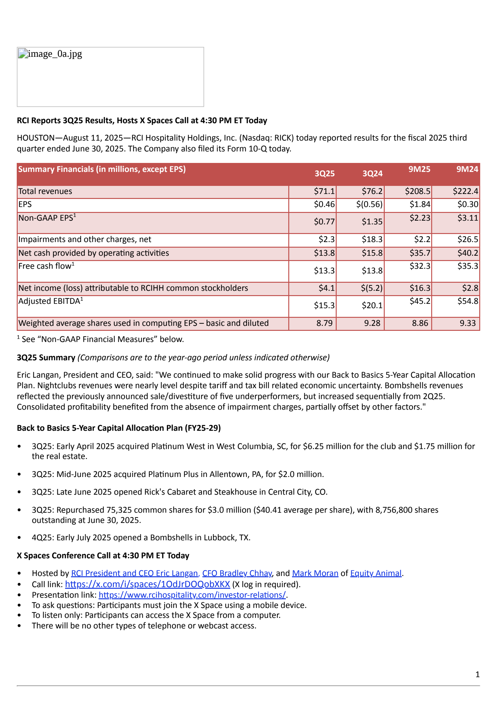 RCI Hospitality's Q3 2025 Press Release