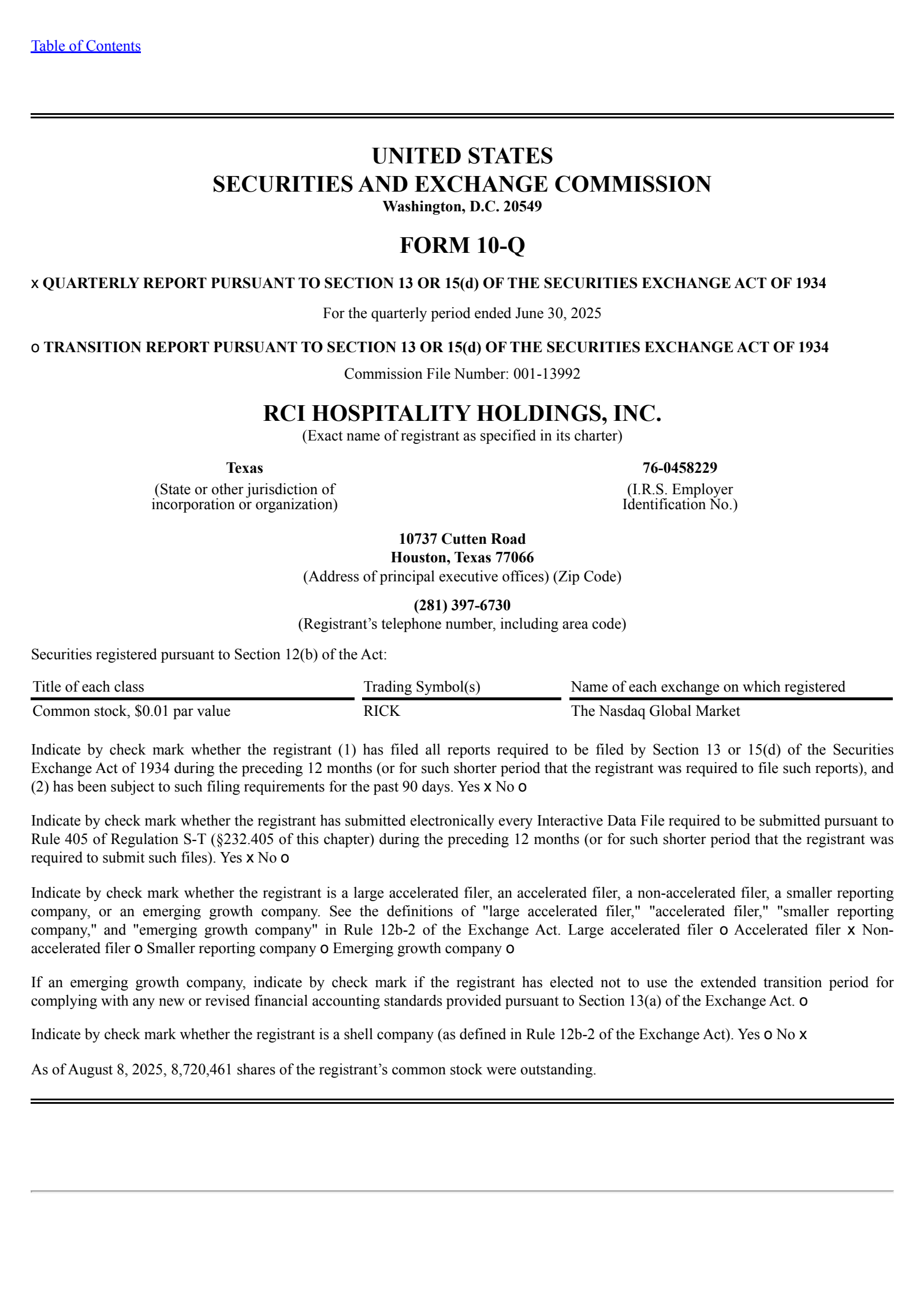 RCI Hospitality's Q3 2025 Quarterly report