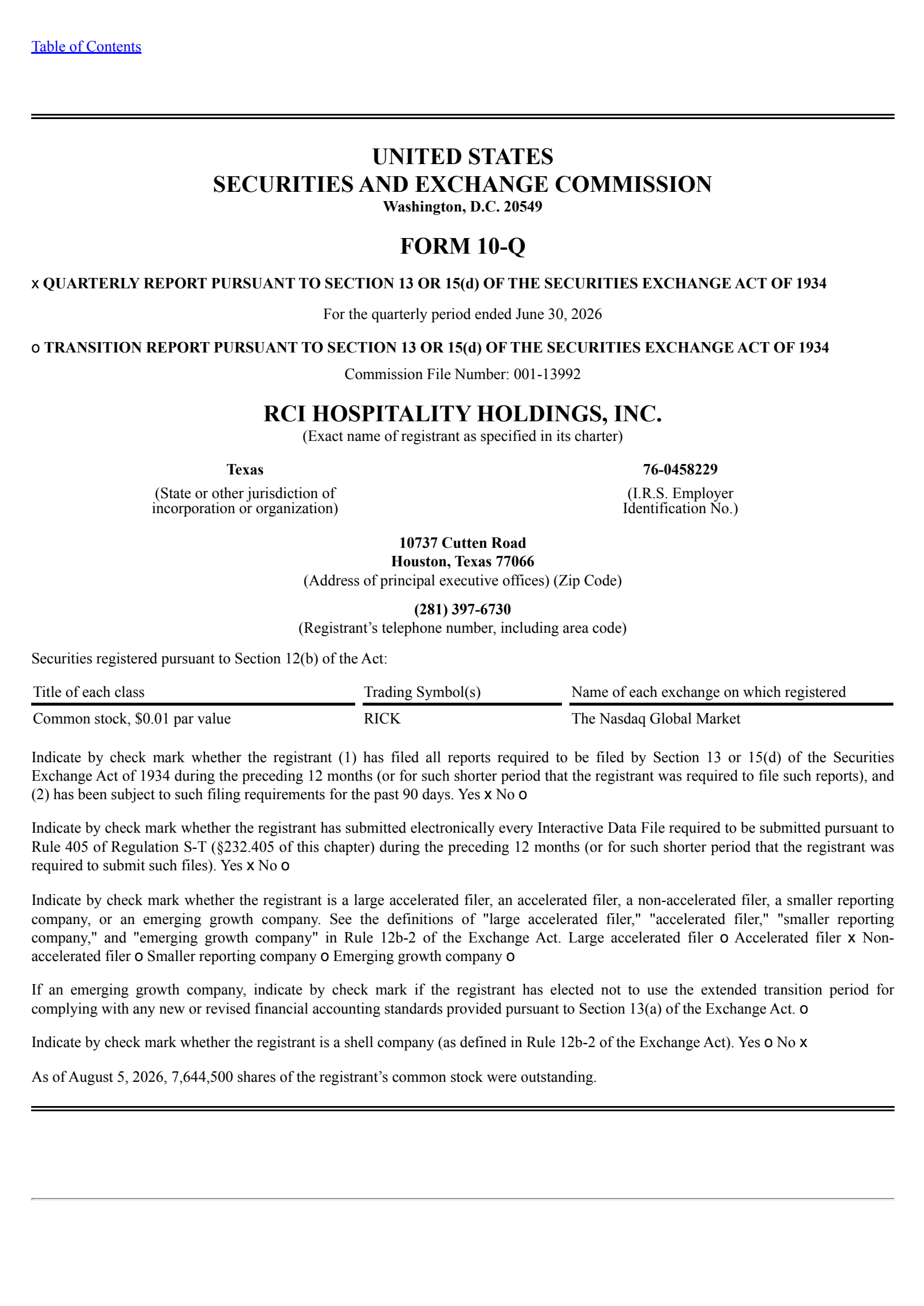 RCI Hospitality's Q3 2026 Quarterly report