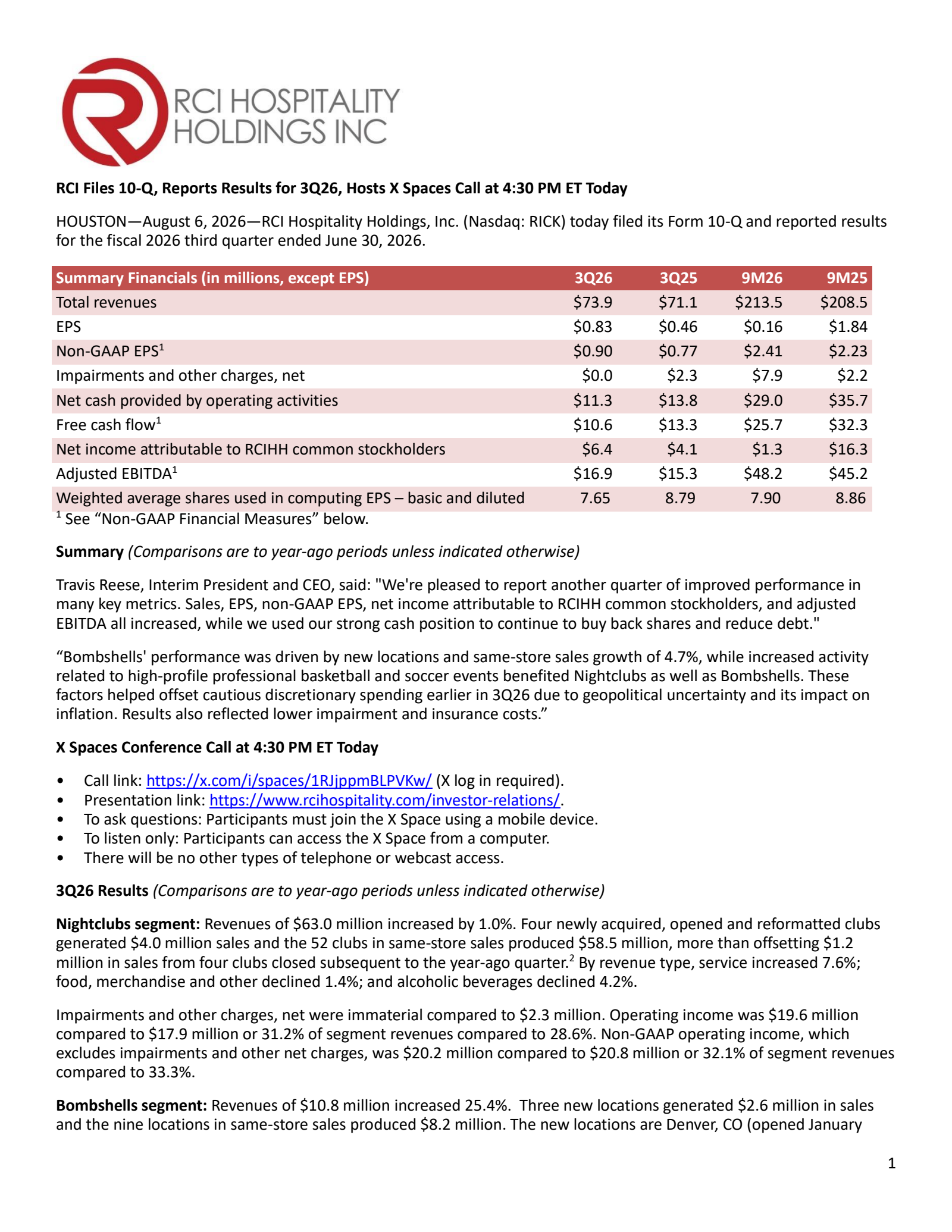 RCI Hospitality's Q3 2026 Press Release